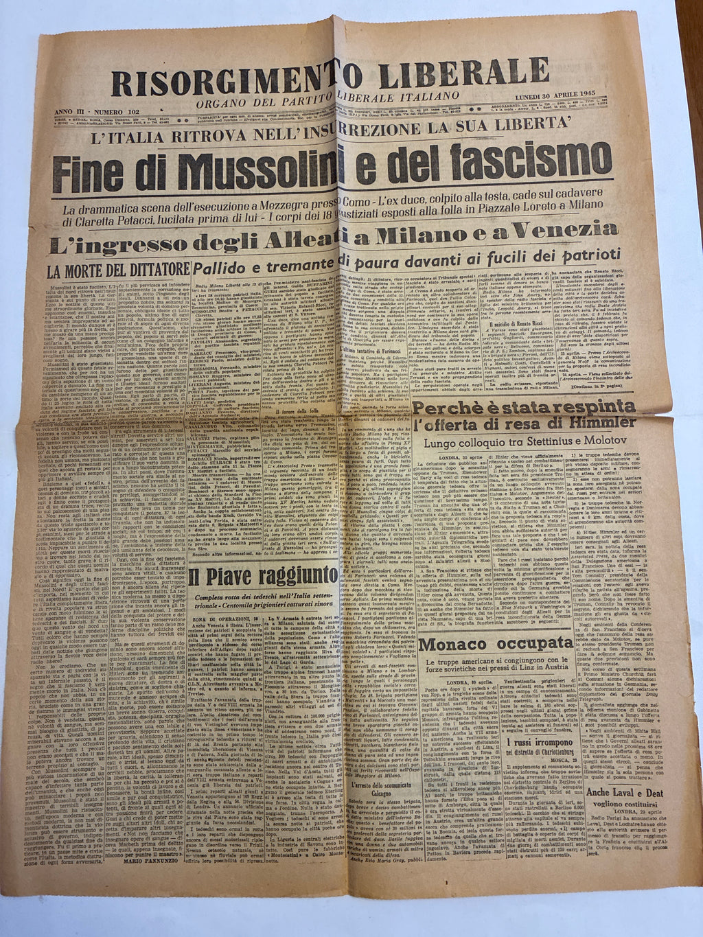 Quotidiano Storico RISORGIMENTO LIBERALE 30 Aprile 1945 - Rara Edizione Originale "Fine di Mussolini e del fascismo" (Piazzale Loreto)