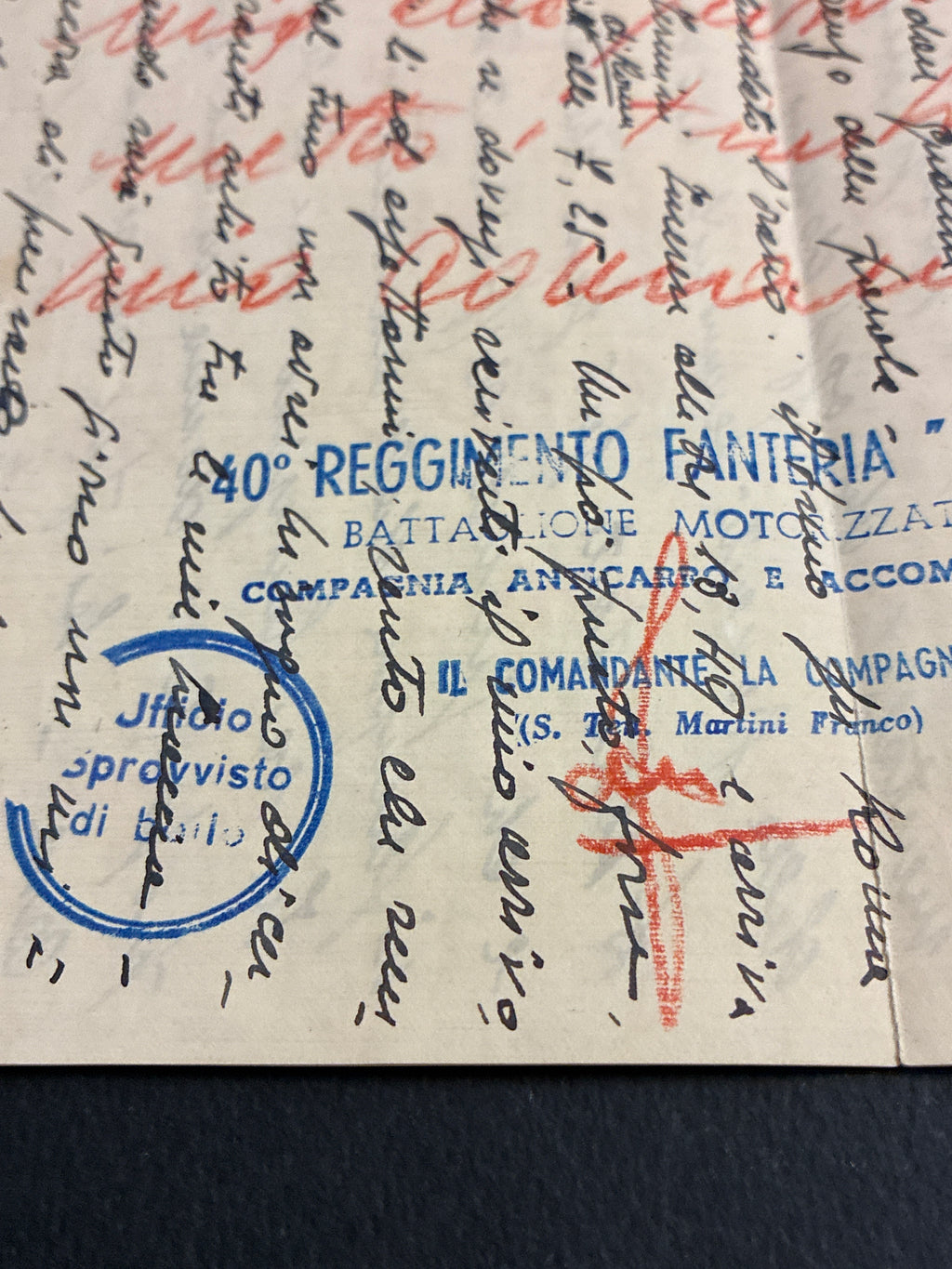 Lettera d'amore militare del 1941 da Roccapalumba a Roma completa di testo e timbri del 40° Reggimento Fanteria Bologna.