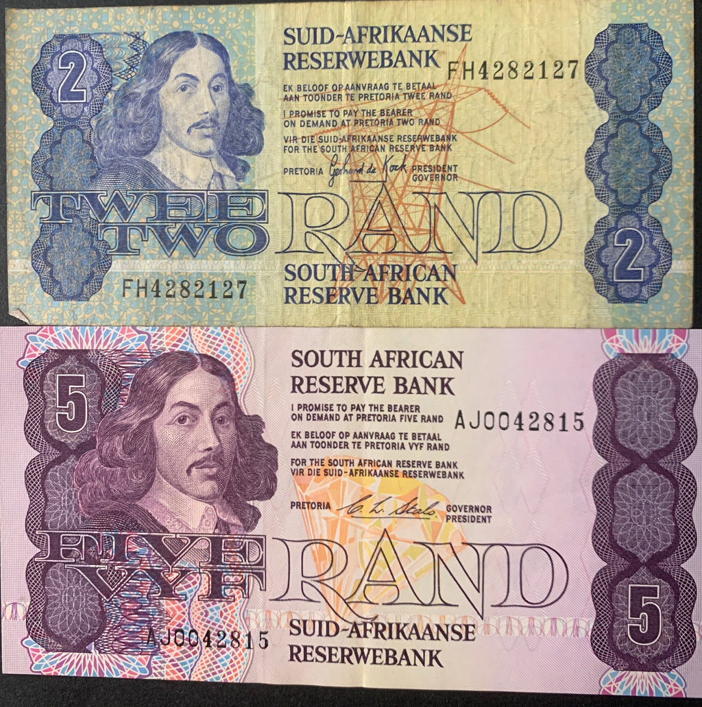 Lotto 2 Banconote Sudafrica - 2 Rand e 5 Rand (Jan van Riebeeck) - Vintage