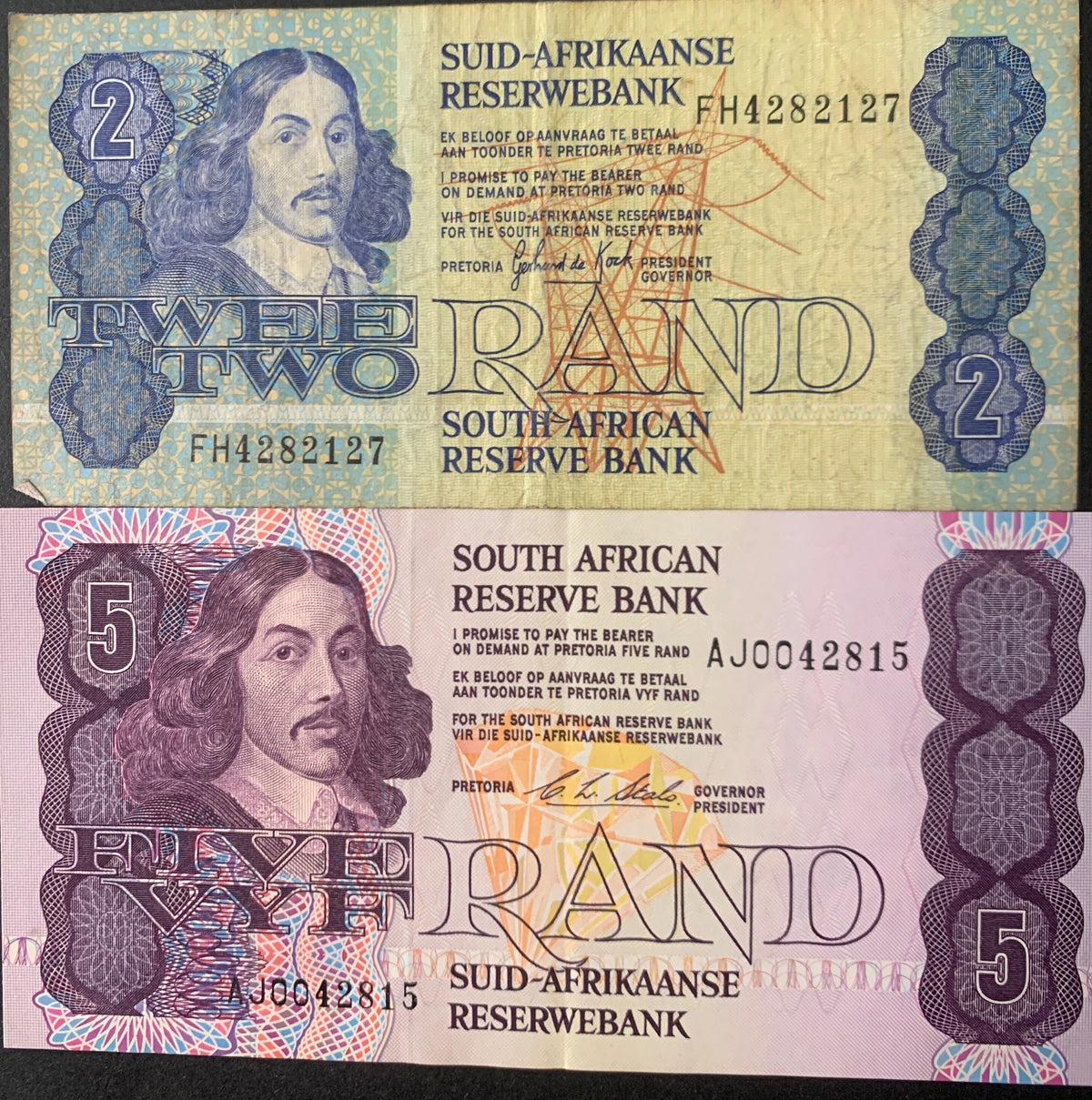 Lotto 2 Banconote Sudafrica - 2 Rand e 5 Rand (Jan van Riebeeck) - Vintage