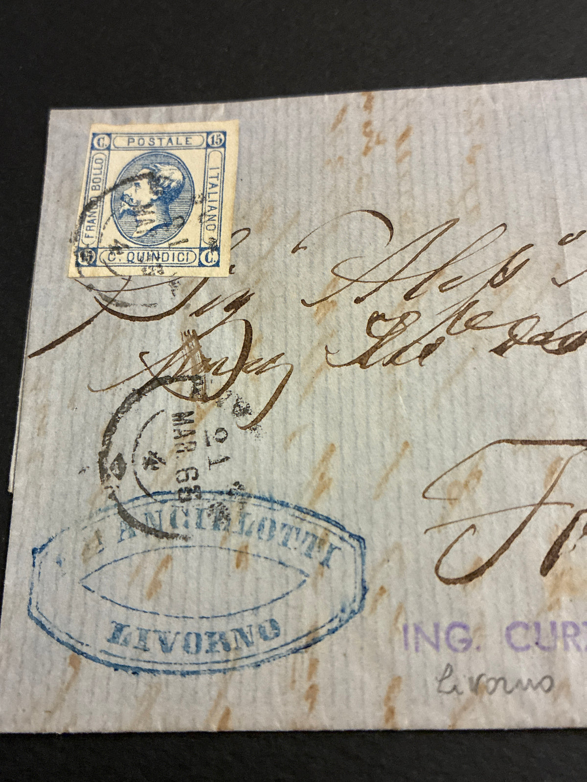 Lettera 1863 con 15 Centesimi Azzurro Primo Tipo "Matraire" in uso precoce dall'Archivio e Collezione dell'Ing. Curzio Batini