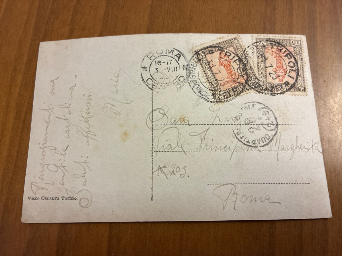 Libia 1923 Cartolina da Tripoli Sciara-Sciat a Roma Affrancatura Doppia Nave Romana Supporto Censura Guerra Mondiale
