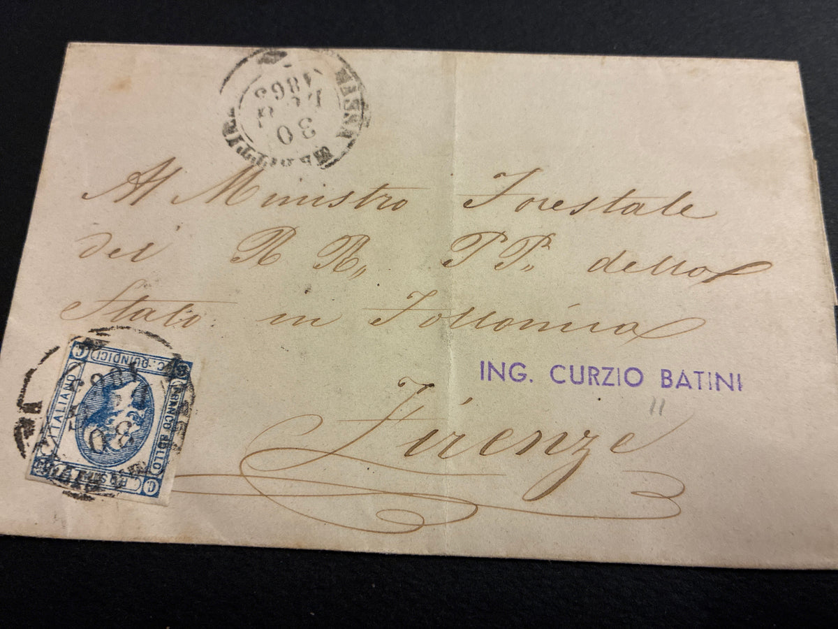 Lettera 1863 per il Ministro Forestale dei RRPP dello Stato in Follonica con 15 Centesimi "Matraire" Primo Tipo Capovolto dall'Archivio dell'Ing. Curzio Batinio