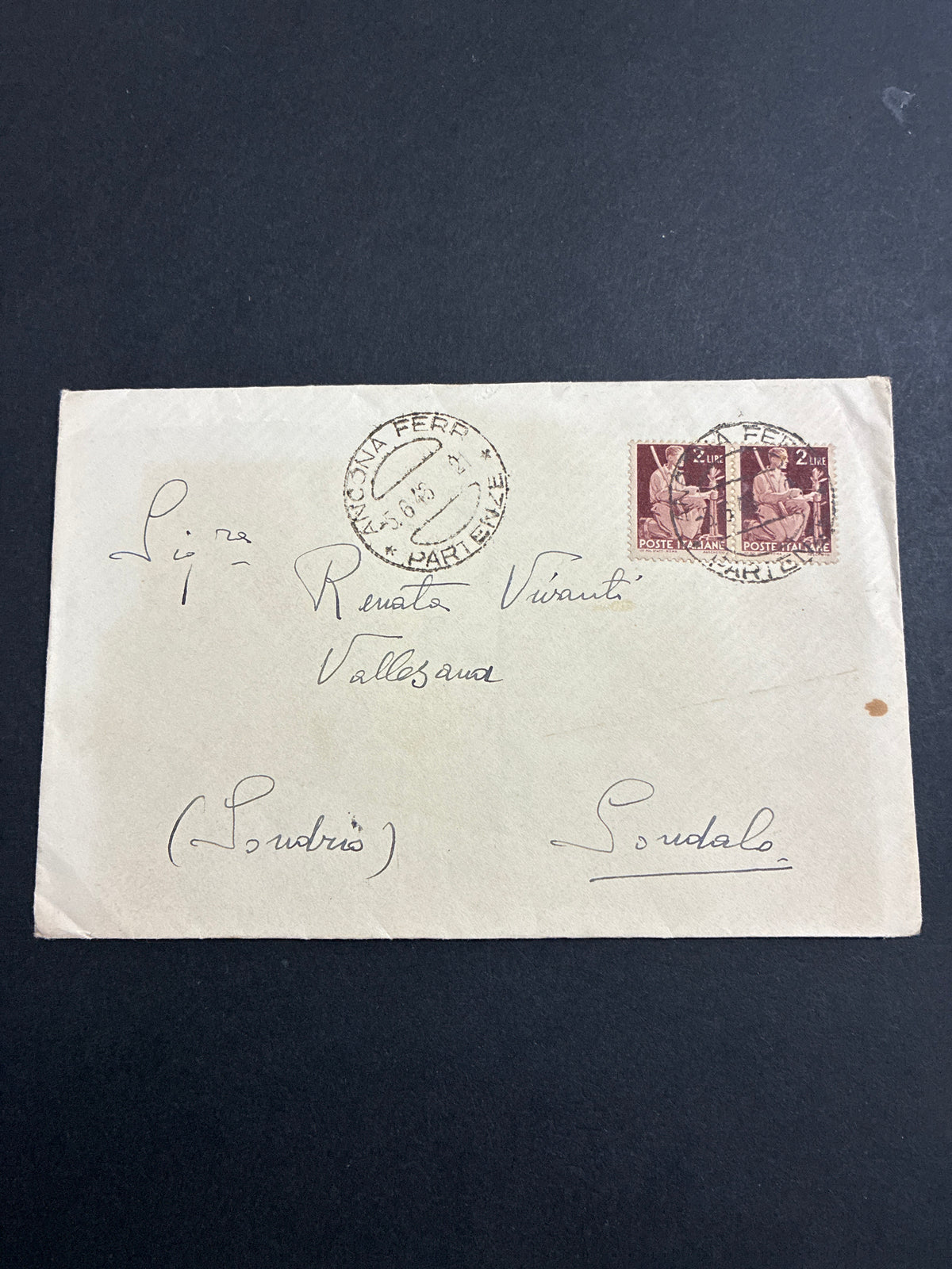 Lettera storica del 5 giugno 1946 (Periodo del "Re di Maggio") da Ancona Ferrovia a Sondalo