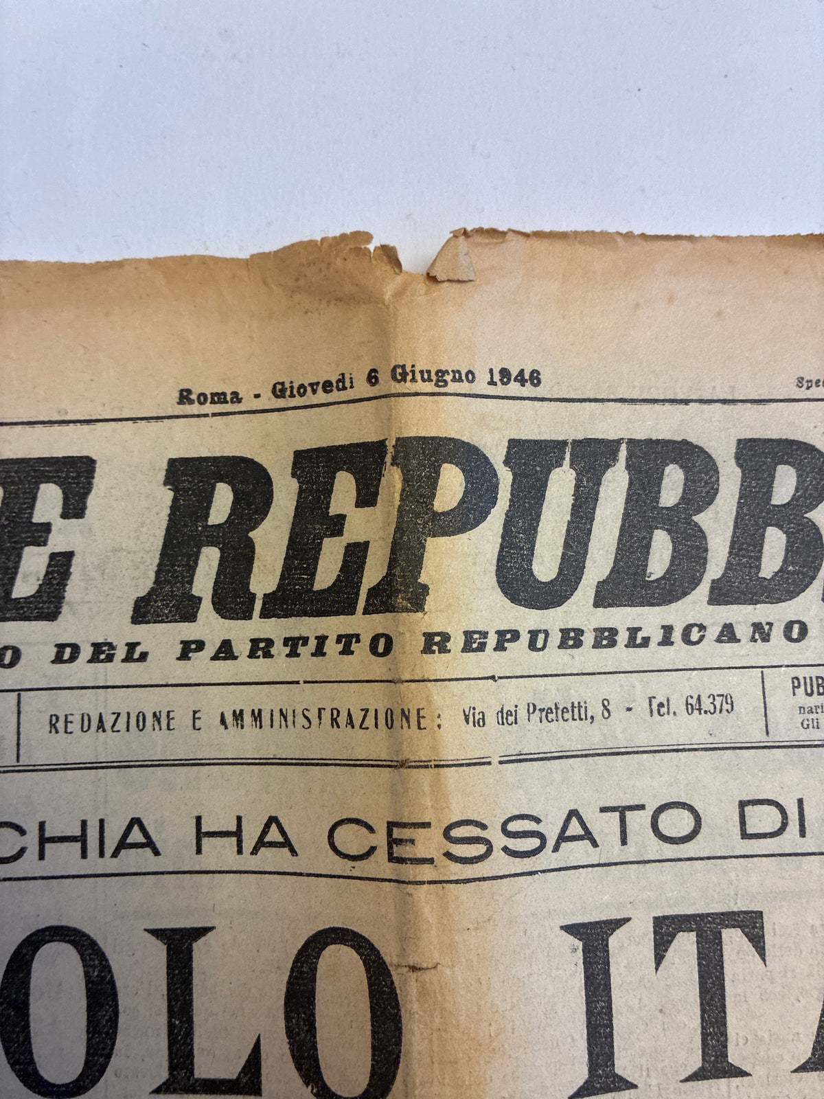 6 Giugno 1946 La Voce Repubblicana - NASCE LA REPUBBLICA ITALIANA Pezzo da Museo