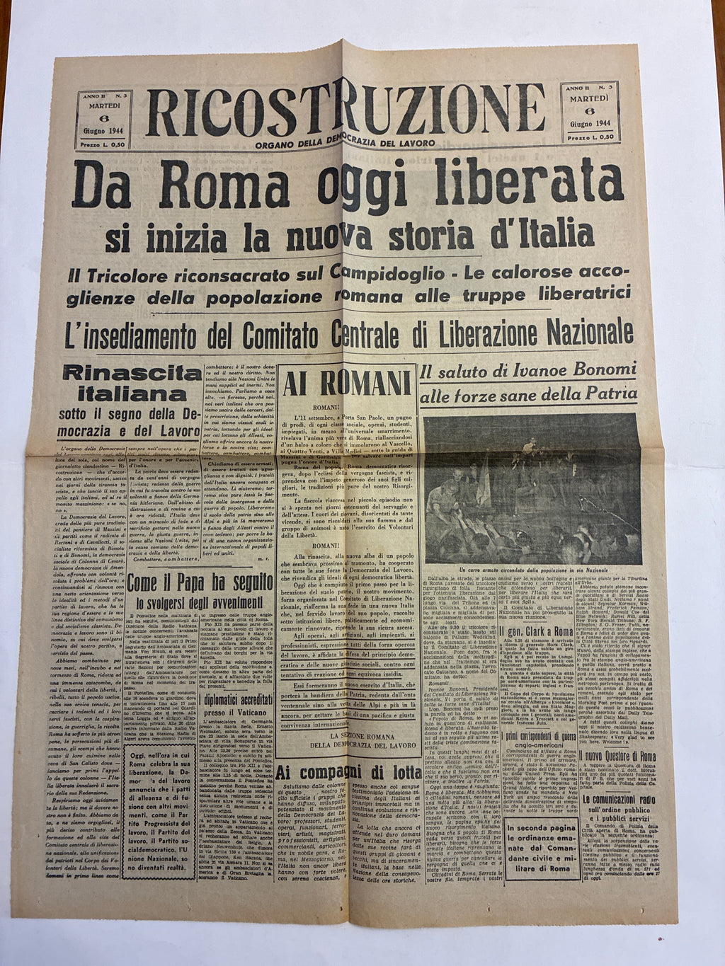Quotidiano storico "Ricostruzione" – Edizione straordinaria di Roma liberata (6 Giugno 1944)