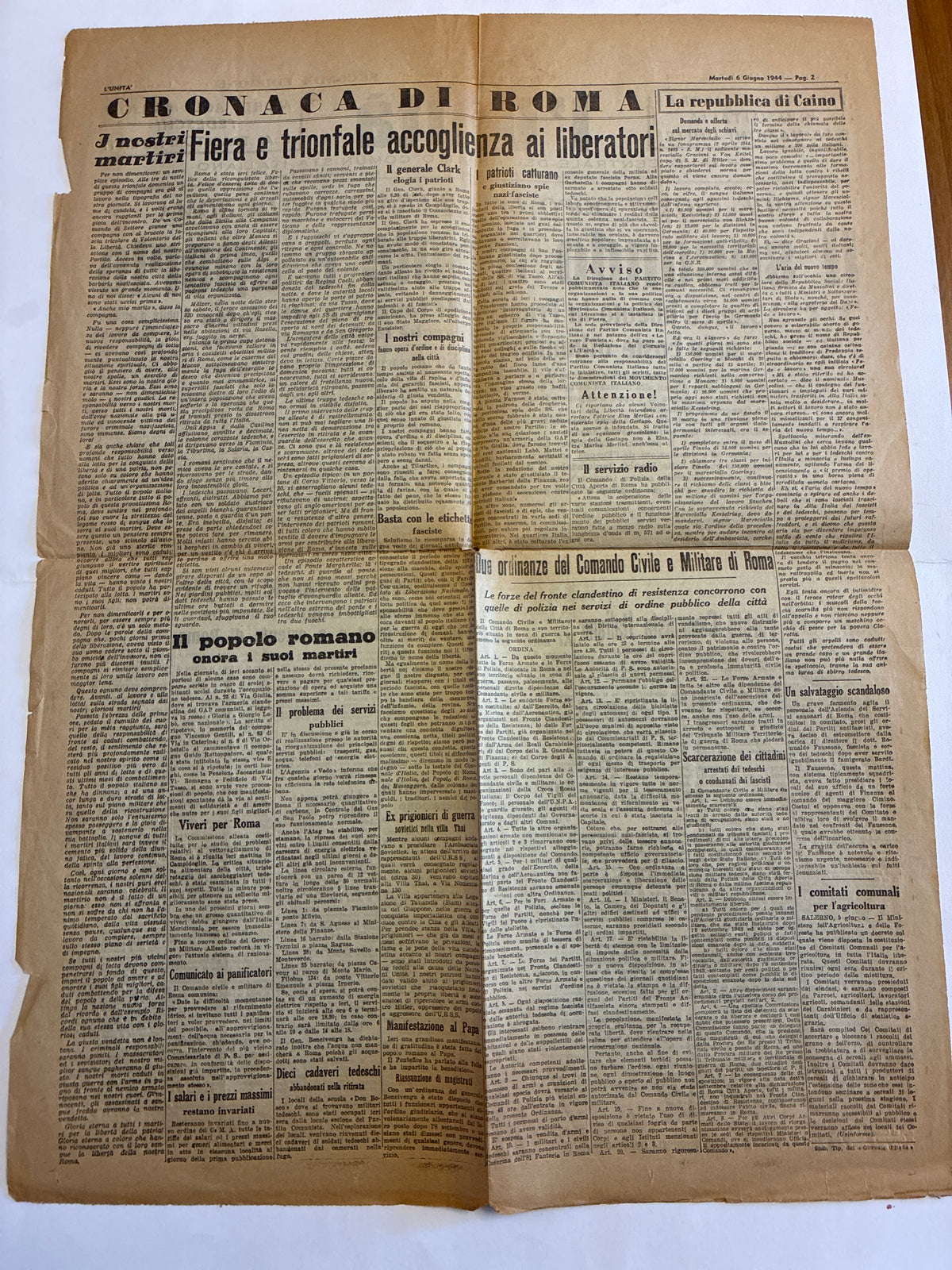 Raro Quotidiano Originale l'Unità 6 Giugno 1944 - Numero 1 Roma Libera - Sbarco in Normandia e Fine Occupazione