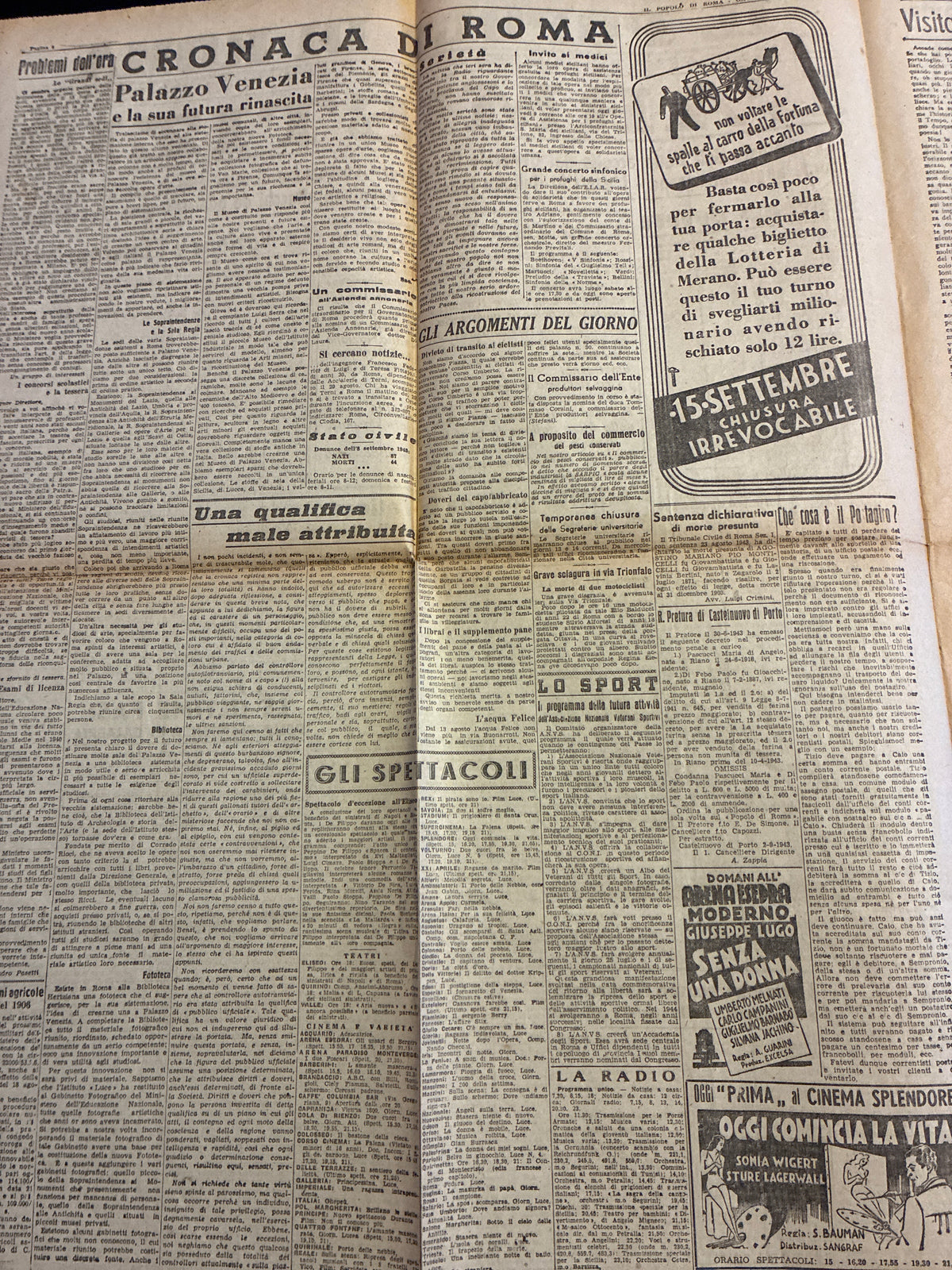 Quotidiano Storico Il Popolo di Roma 9 Settembre 1943 Armistizio Badoglio Integro