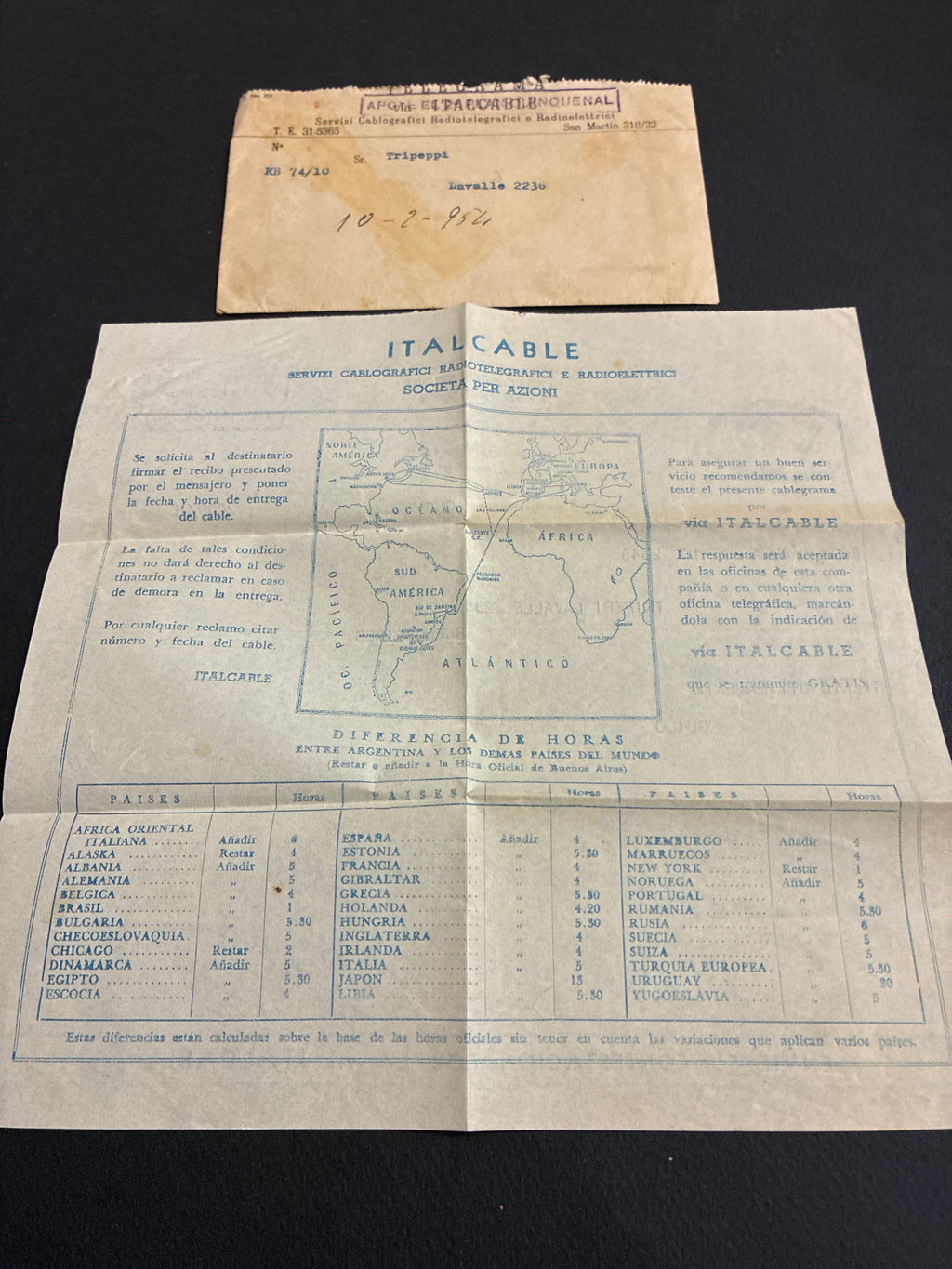 Telegramma Transatlantico Italcable (1954) Roma - Buenos Aires completo di busta originale.