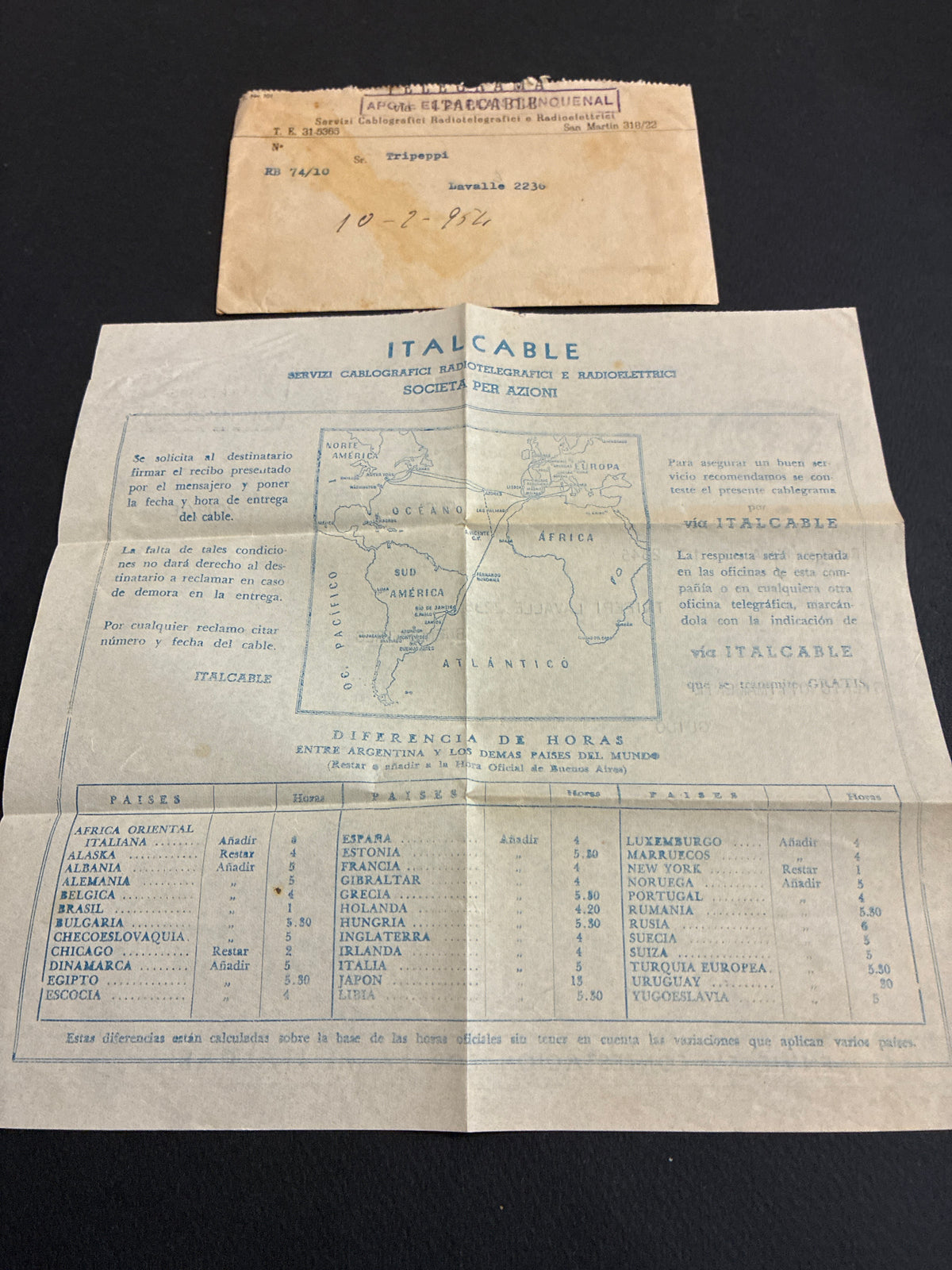 Telegramma Transatlantico Italcable (1954) Roma - Buenos Aires completo di busta originale.