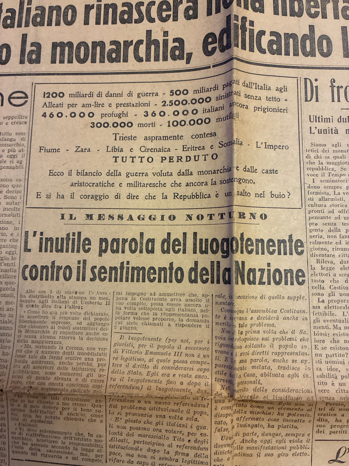 Quotidiano ORIGINALE 2 Giugno 1946 La Voce Repubblicana Referendum COMPLETO