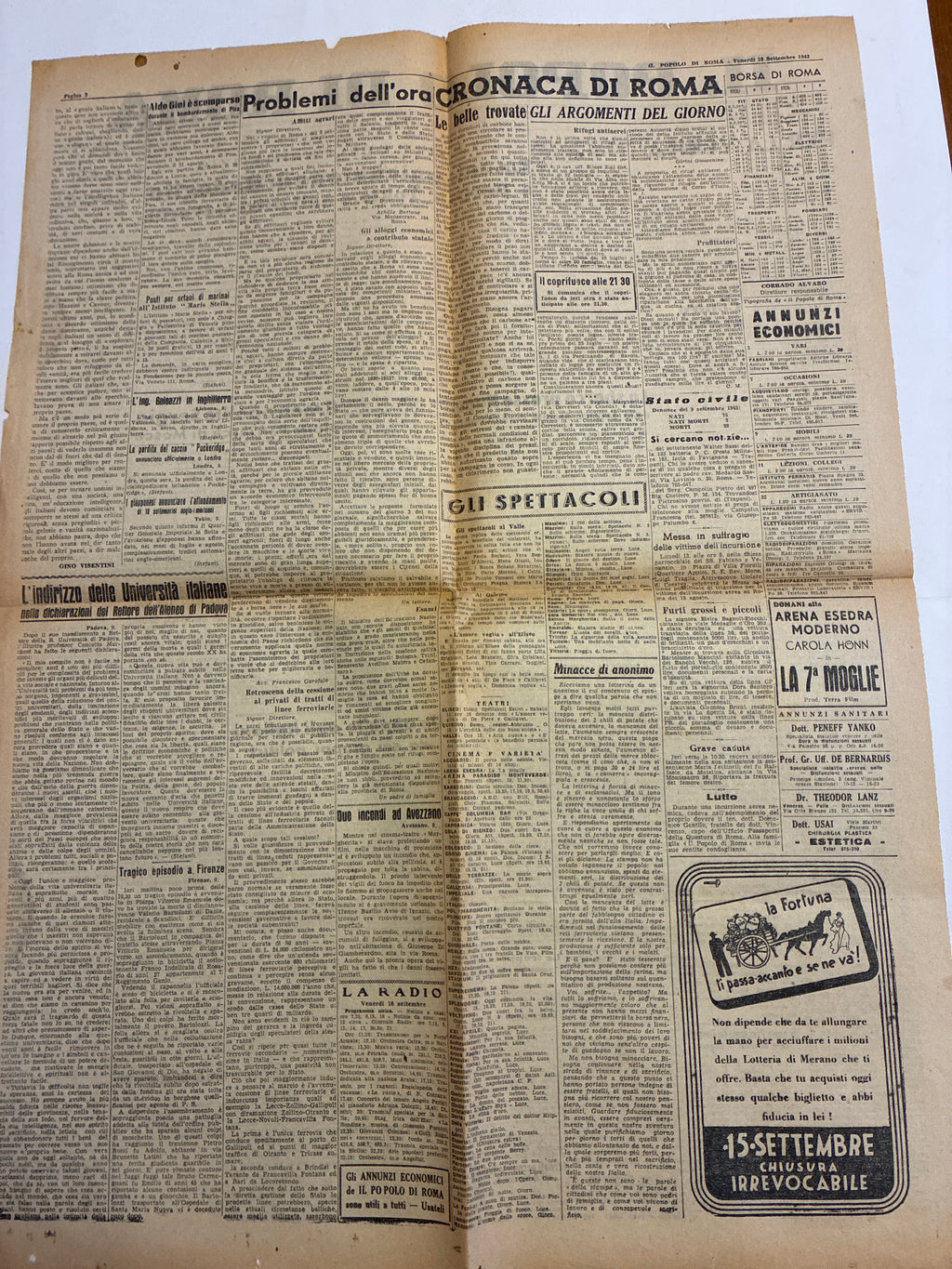 Quotidiano Storico Il Popolo di Roma 10 Settembre 1943 Armistizio Badoglio Sbarco Salerno