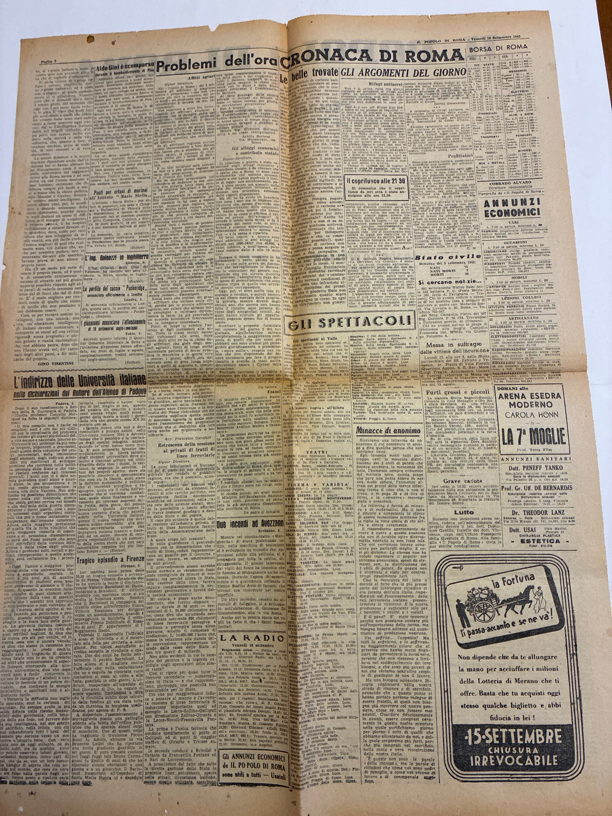 Quotidiano Storico Il Popolo di Roma 10 Settembre 1943 Armistizio Badoglio Sbarco Salerno