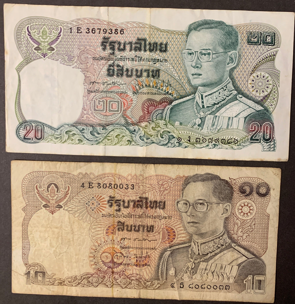 Lotto 2 Banconote Thailandia: 10 Baht + 20 Baht - Re Rama IX