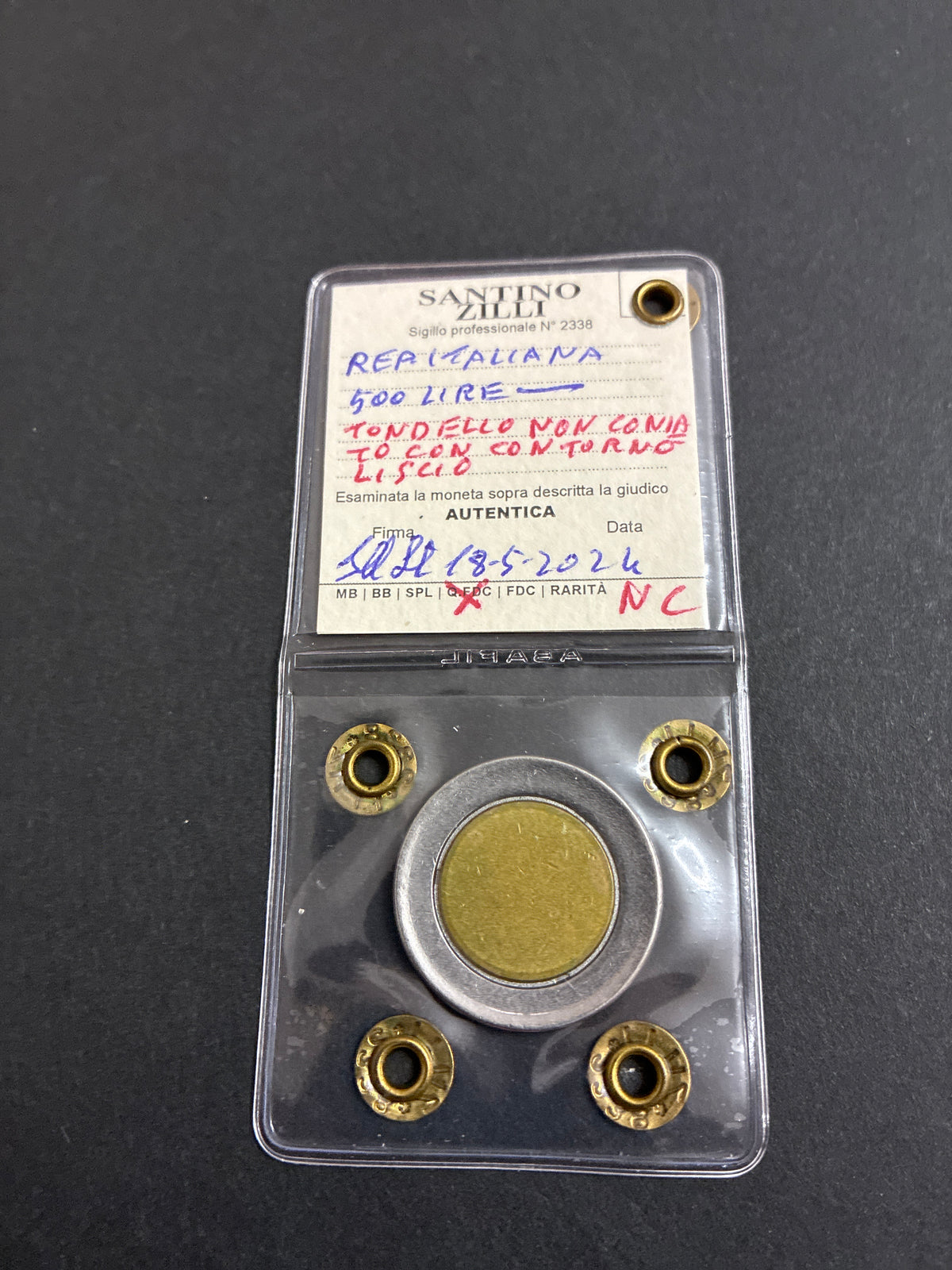 500 lire bimetallica periziata Q.FDC - "Tondello Non Coniato con Contorno Liscio" - Errore di Coniazione