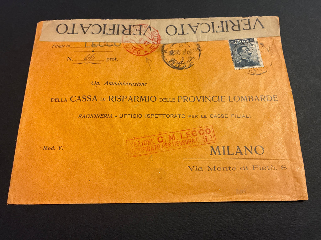 Busta commerciale d'epoca "Cassa di Risparmio delle Provincie Lombarde" con Censura Militare di Lecco e affrancatura provvisoria "CENT. 20" su 15 c. (1917)