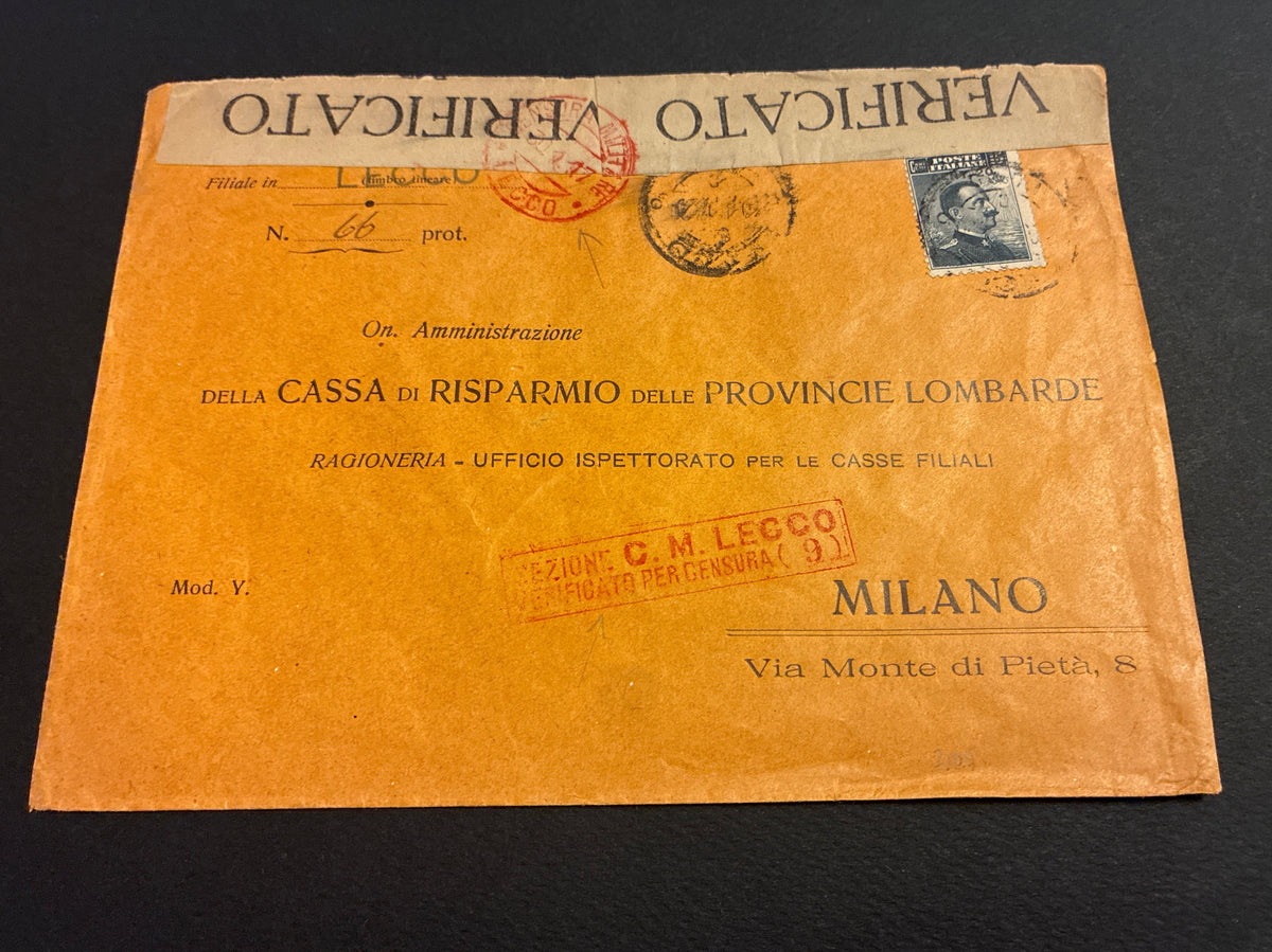 Busta commerciale d'epoca "Cassa di Risparmio delle Provincie Lombarde" con Censura Militare di Lecco e affrancatura provvisoria "CENT. 20" su 15 c. (1917)