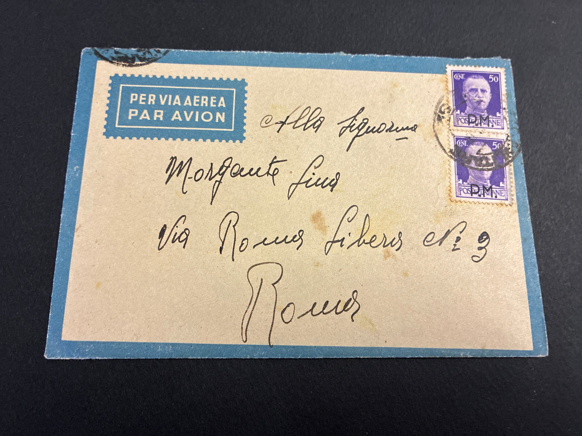 1941, Posta Militare 82: Busta di Via Aerea con Coppia di Francobolli da 50 Centesimi Sovrastampati P.M. Spedita dal Fronte Albanese per Roma