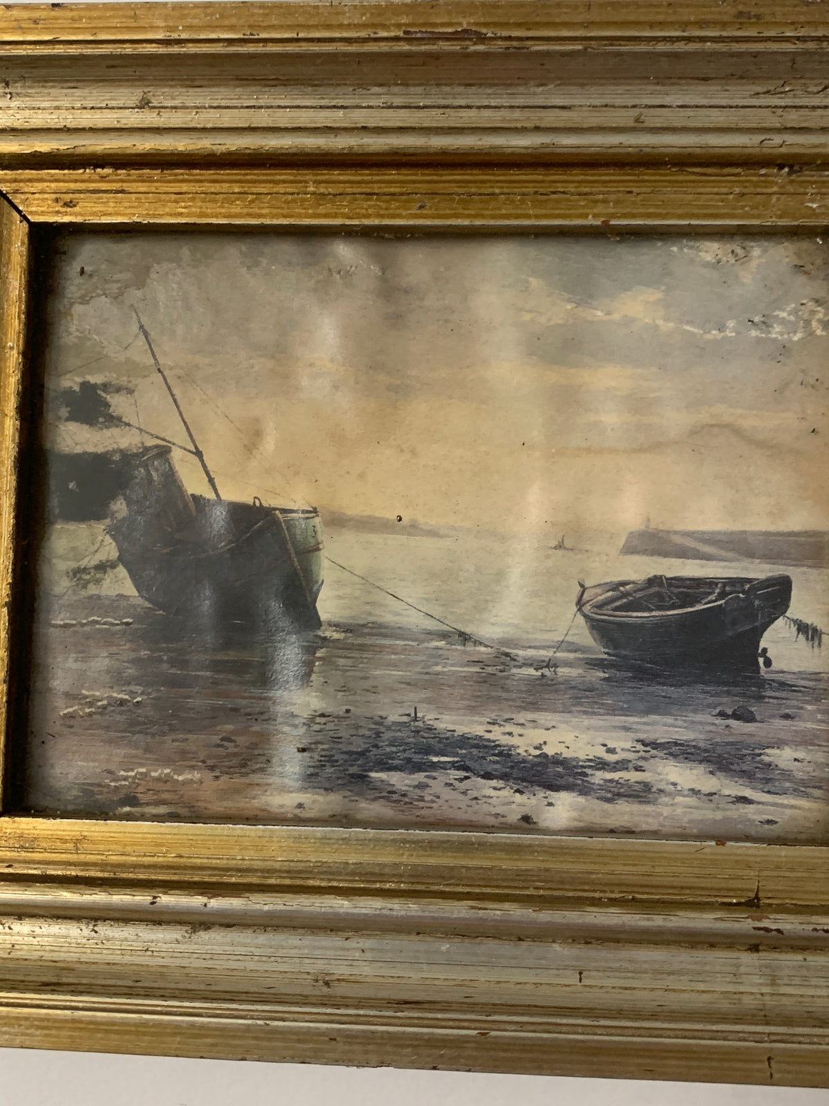 Quadro Miniatura Marina con Barche Pittore Del Fiore Cornice Dorata Vintage