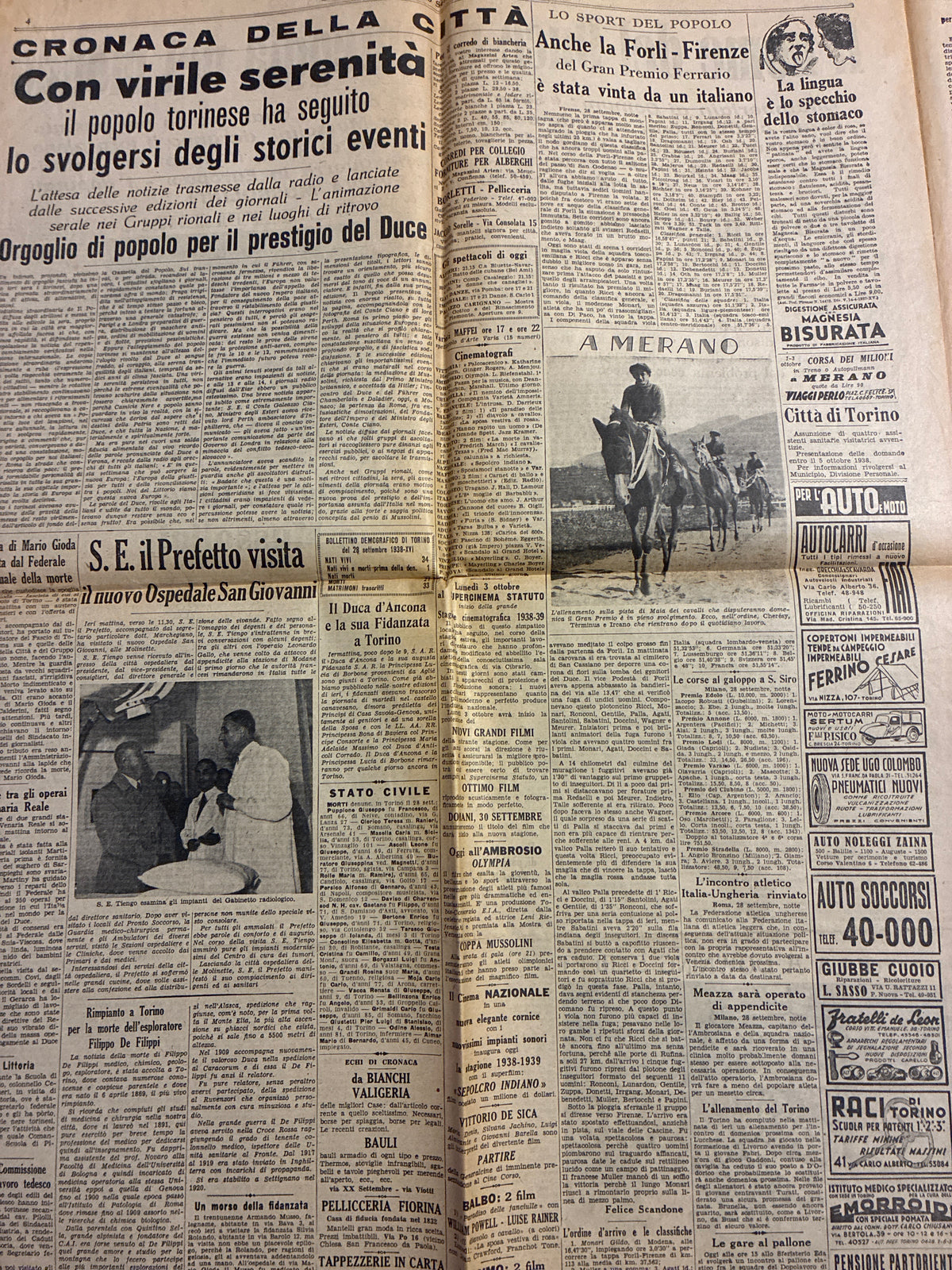 Quotidiano Storico Gazzetta del Popolo 29 Settembre 1938 Conferenza di Monaco Fascismo Mussolini