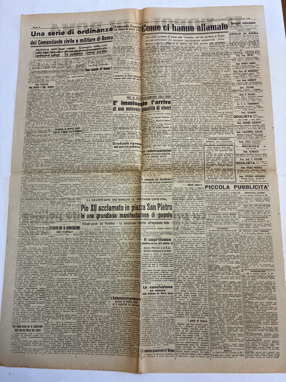 Quotidiano Originale Epoca Il Popolo di Roma 6 Giugno 1944 Prima Giornata di Vita Politica Seconda Guerra Mondiale