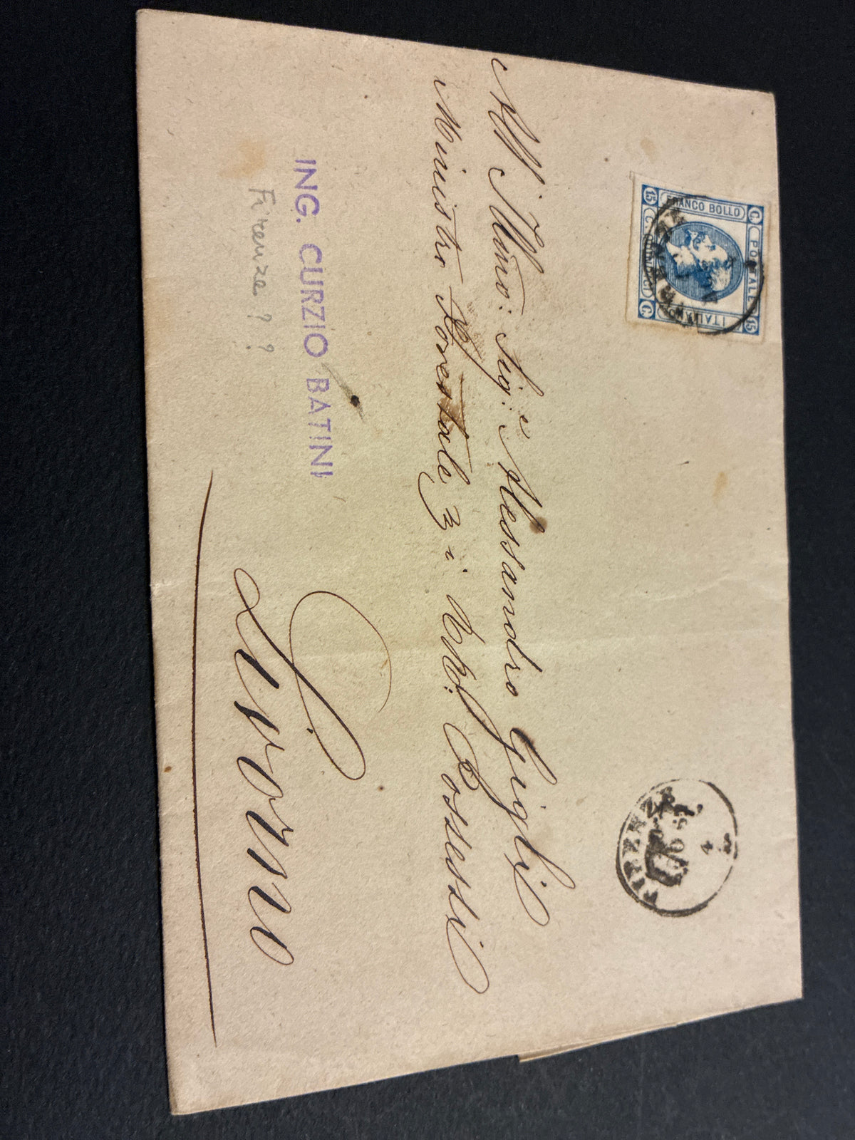 Lettera del Regno d'Italia (1863) con 15 c. del secondo tipo ex coll. Curzio Batini, da Firenze a Livorno con sigillo e timbro di arrivo mattutino
