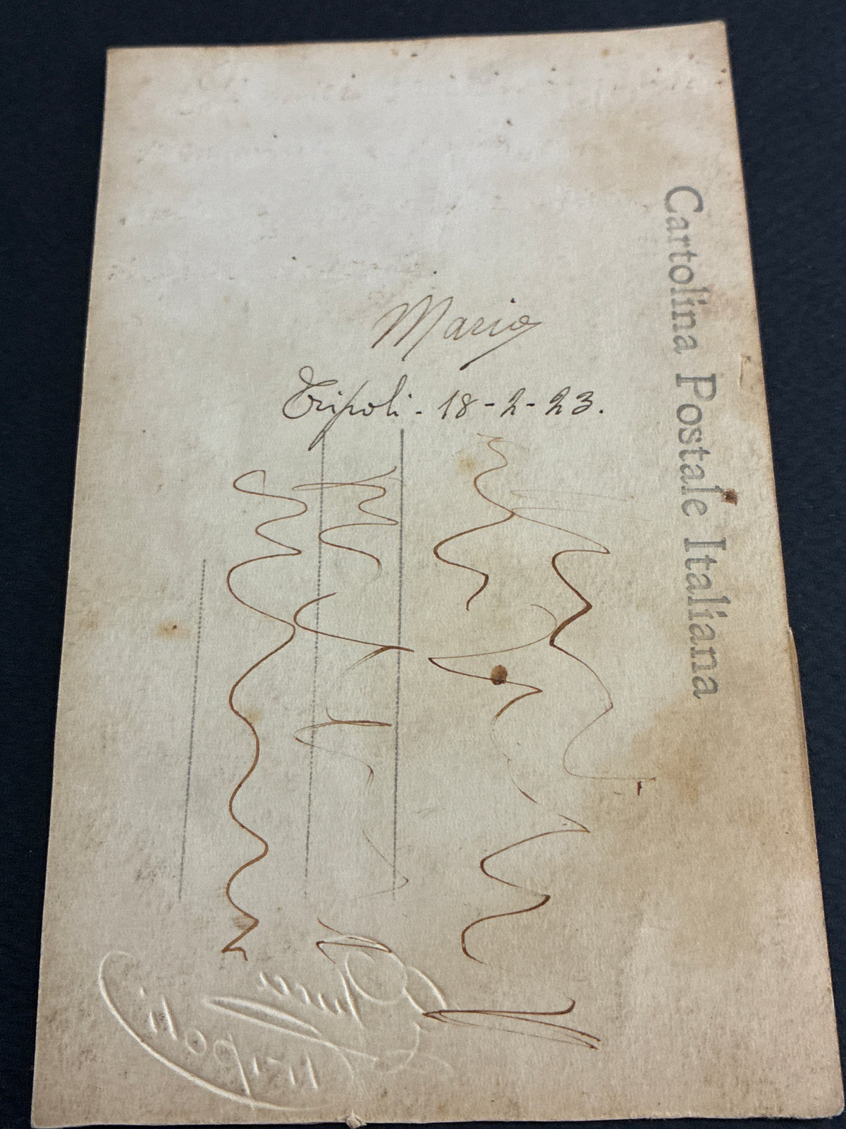 Fotocartolina militare coloniale Regio Esercito Tripoli Libia 1923 con timbro a secco Studio Puccini ritratto soldato in divisa d'epoca