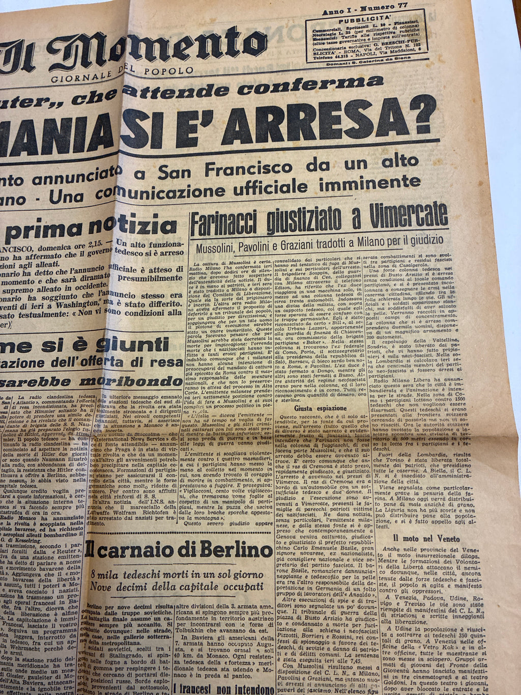 GIORNALE ORIGINALE 29 Aprile 1945 Il Momento - LA GERMANIA SI E' ARRESA? Conservazione Eccellente