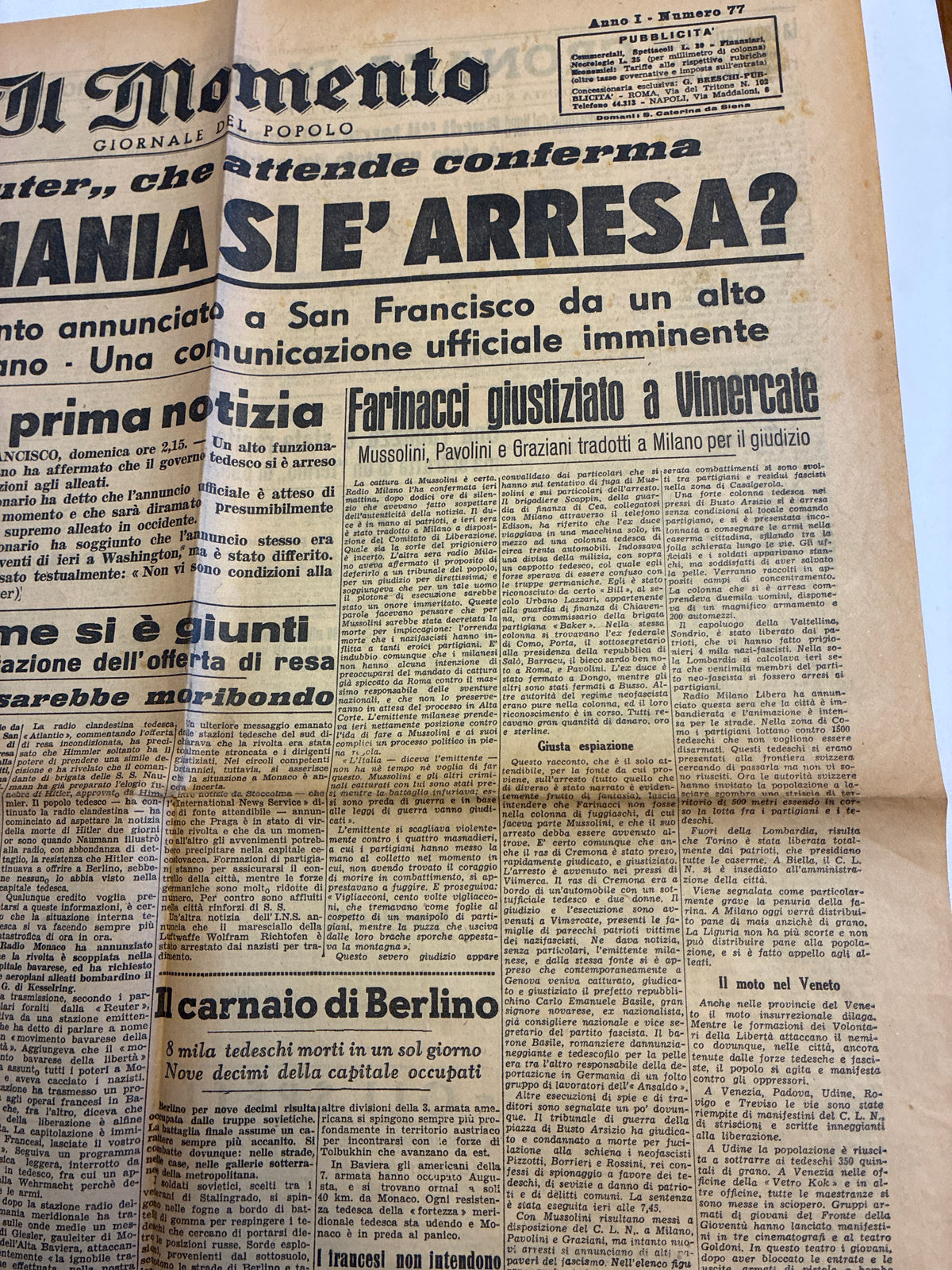 GIORNALE ORIGINALE 29 Aprile 1945 Il Momento - LA GERMANIA SI E' ARRESA? Conservazione Eccellente