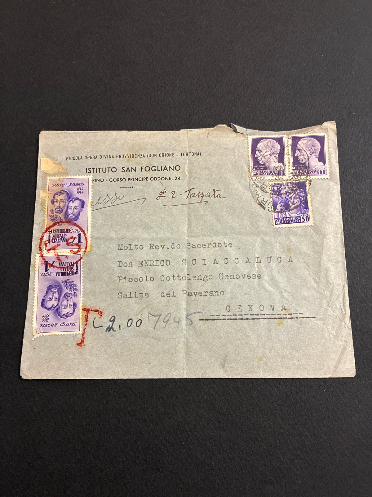 Busta Espresso RSI del marzo 1945 tassata per il doppio della tariffa mancante con francobolli da 1 lira fratelli Bandiera, diretta a Genova al Giusto tra le Nazioni Don Enrico Sciaccaluga