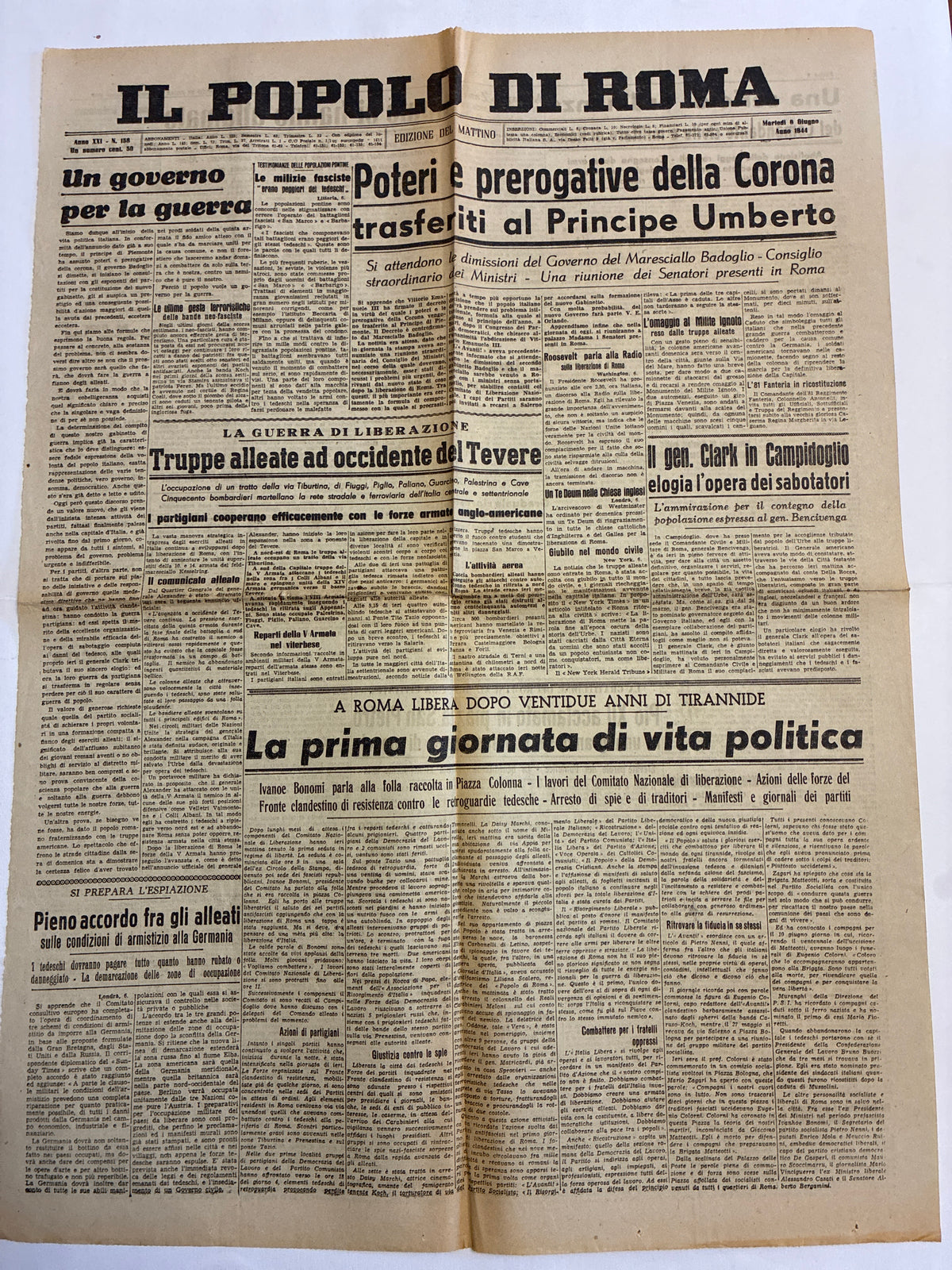 Quotidiano Originale Epoca Il Popolo di Roma 6 Giugno 1944 Prima Giornata di Vita Politica Seconda Guerra Mondiale