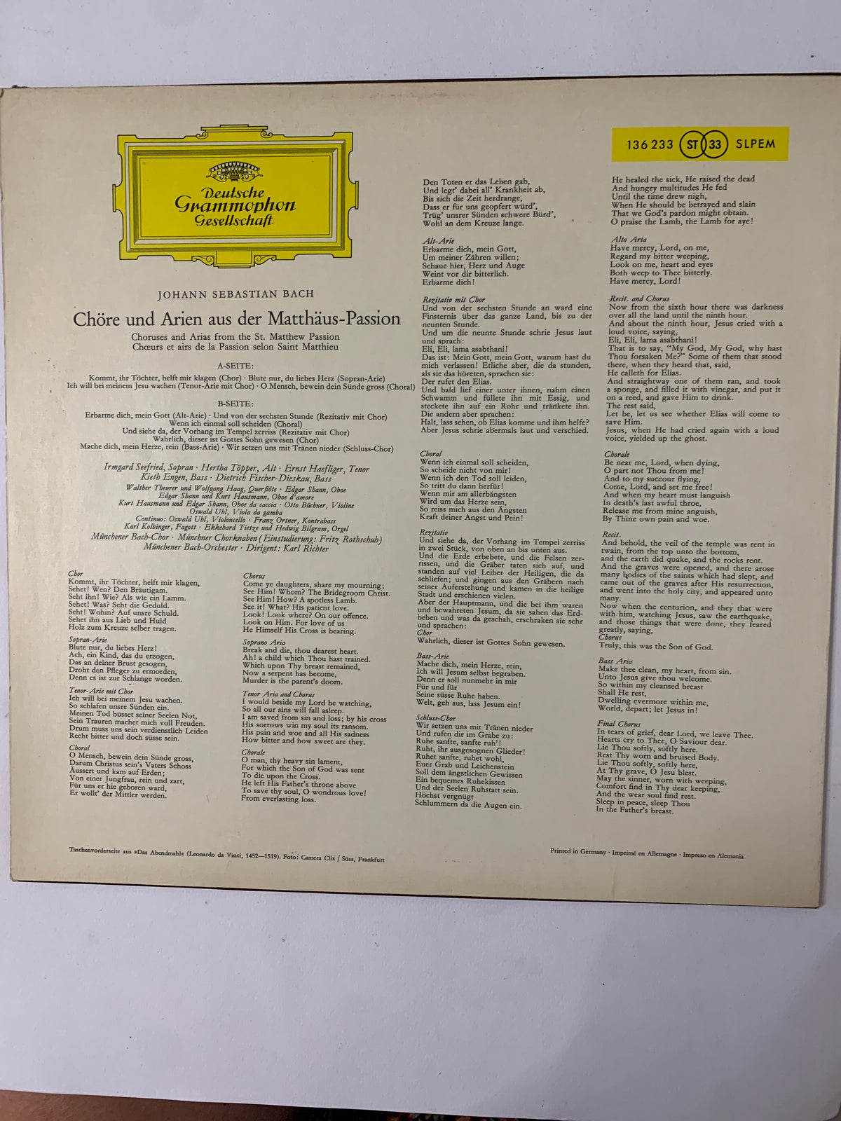 Vinile LP J.S. Bach - Matthäus-Passion (Chöre und Arien) Karl Richter - Deutsche Grammophon 136 233 SLPEM Stereo