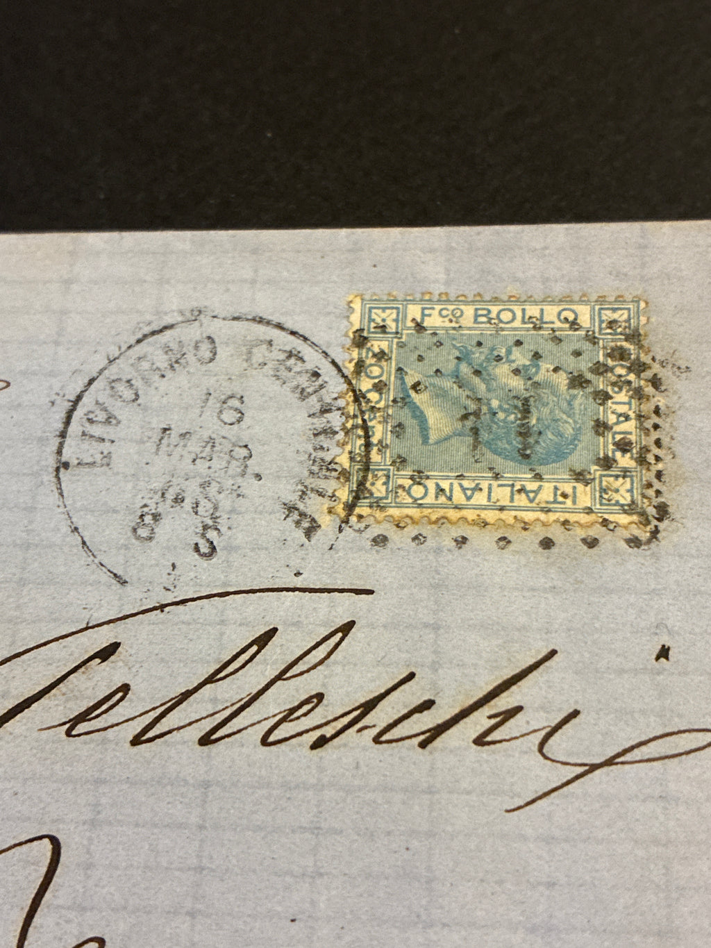 Lettera con Testo del 1865 da Livorno a Follonica con Francobollo da 20 Centesimi Azzurro De La Rue – Collezione Curzio Batini