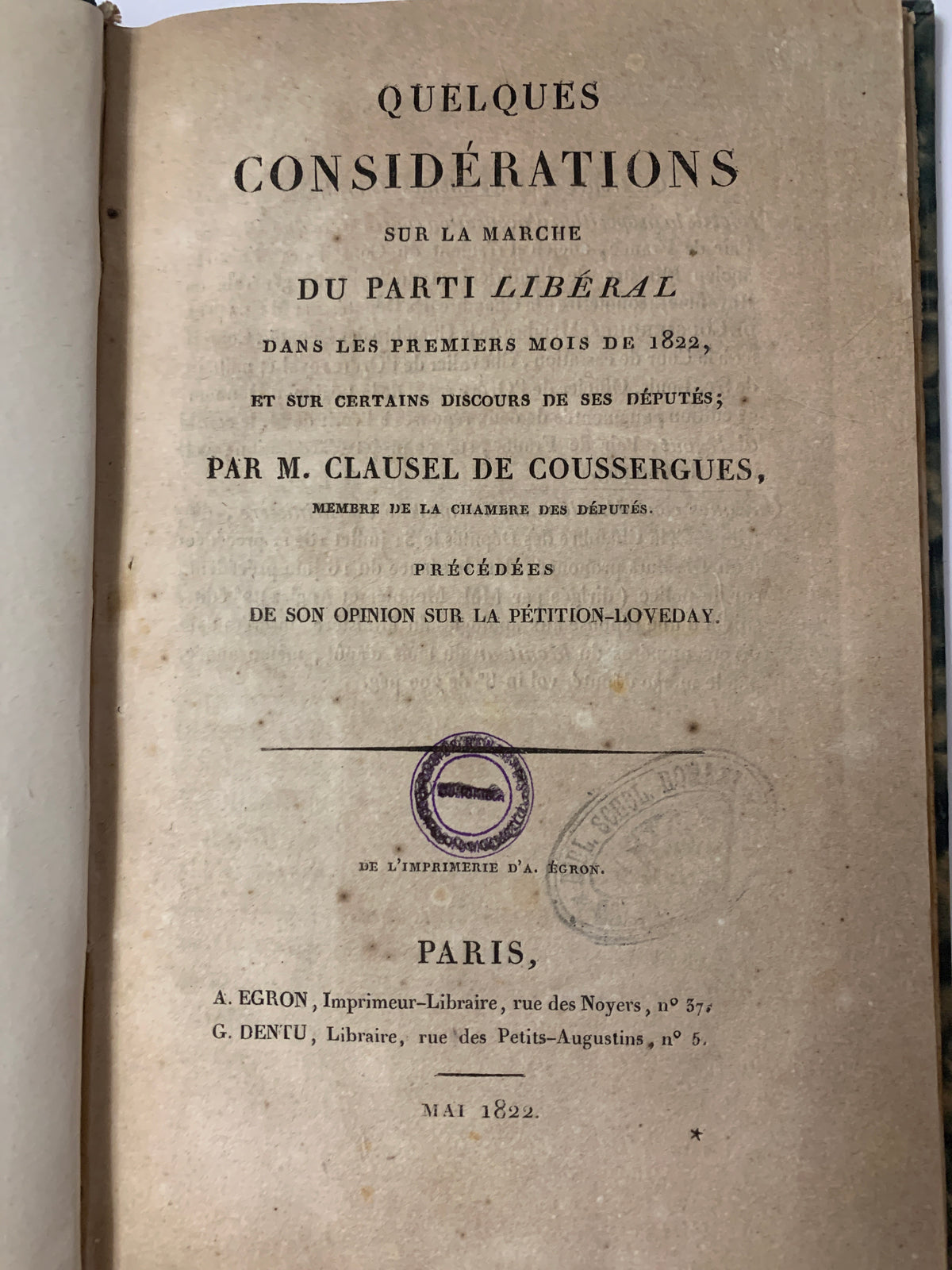 Libro Antico "Quelques Considérations Sur La Marche Du Parti Libéral" - Clausel de Coussergues (Parigi, 1822)
