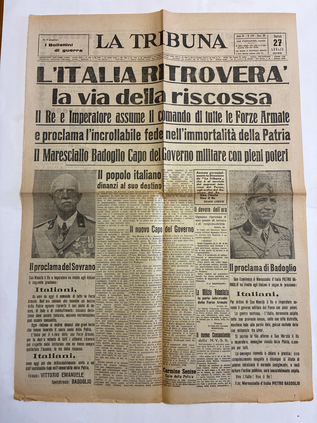 Storico Quotidiano Originale La Tribuna 27 Luglio 1943 - Edizione Completa Roma - Caduta di Mussolini