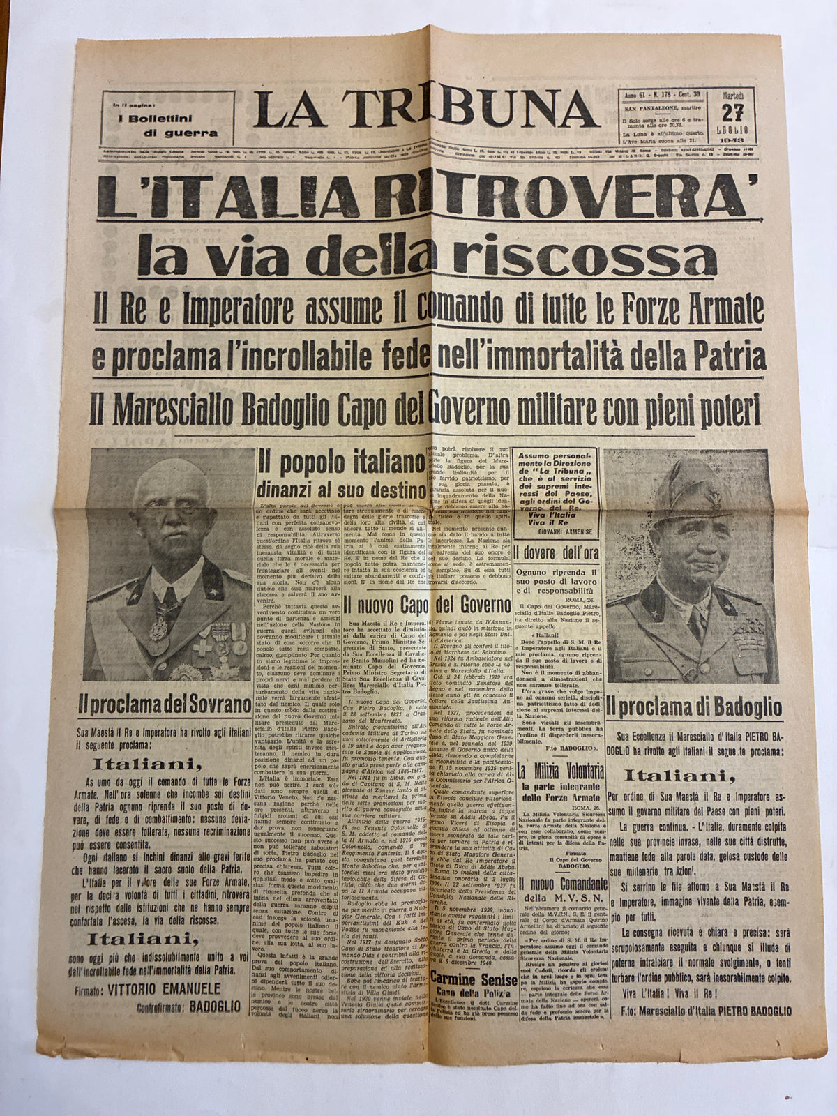 Storico Quotidiano Originale La Tribuna 27 Luglio 1943 - Edizione Completa Roma - Caduta di Mussolini