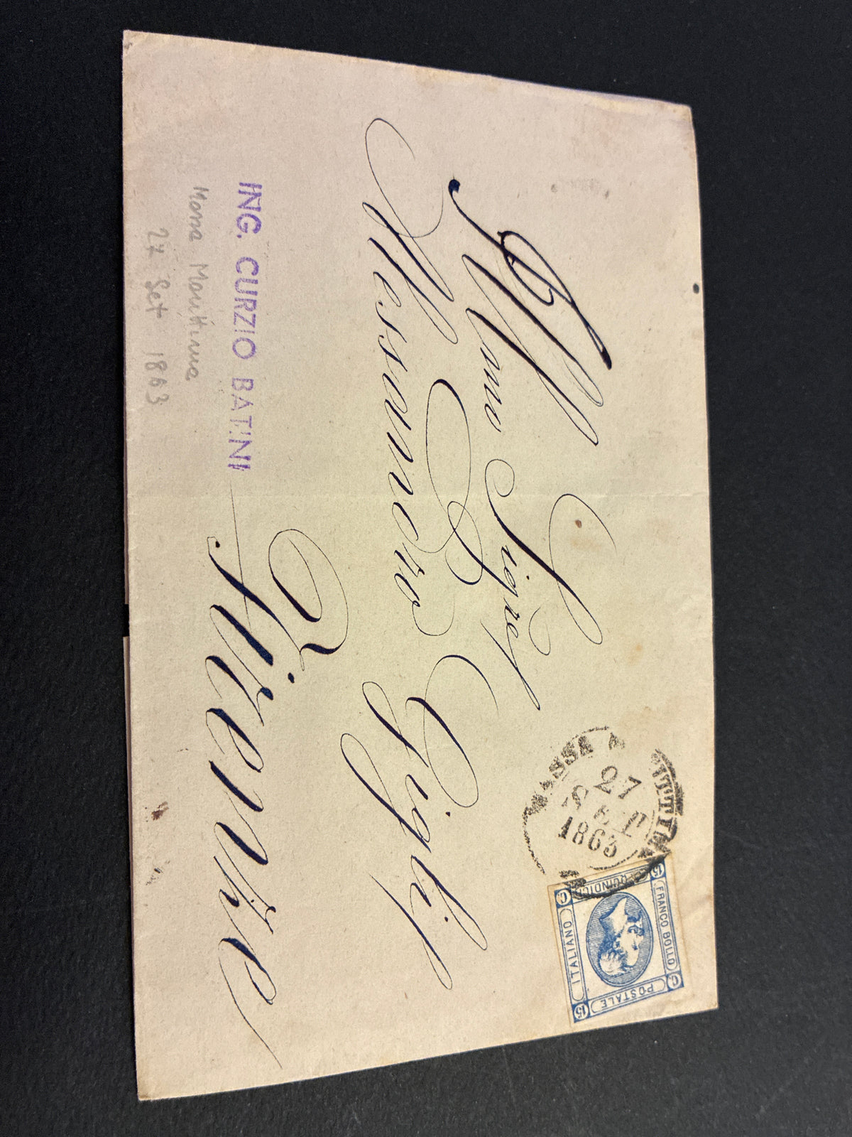 Regno d'Italia 1863 - Lettera da Massa Marittima a Firenze, Francobollo 15c Litografico II Tipo (Sassone 13), Ambulante Ferroviario, Sigla Batini