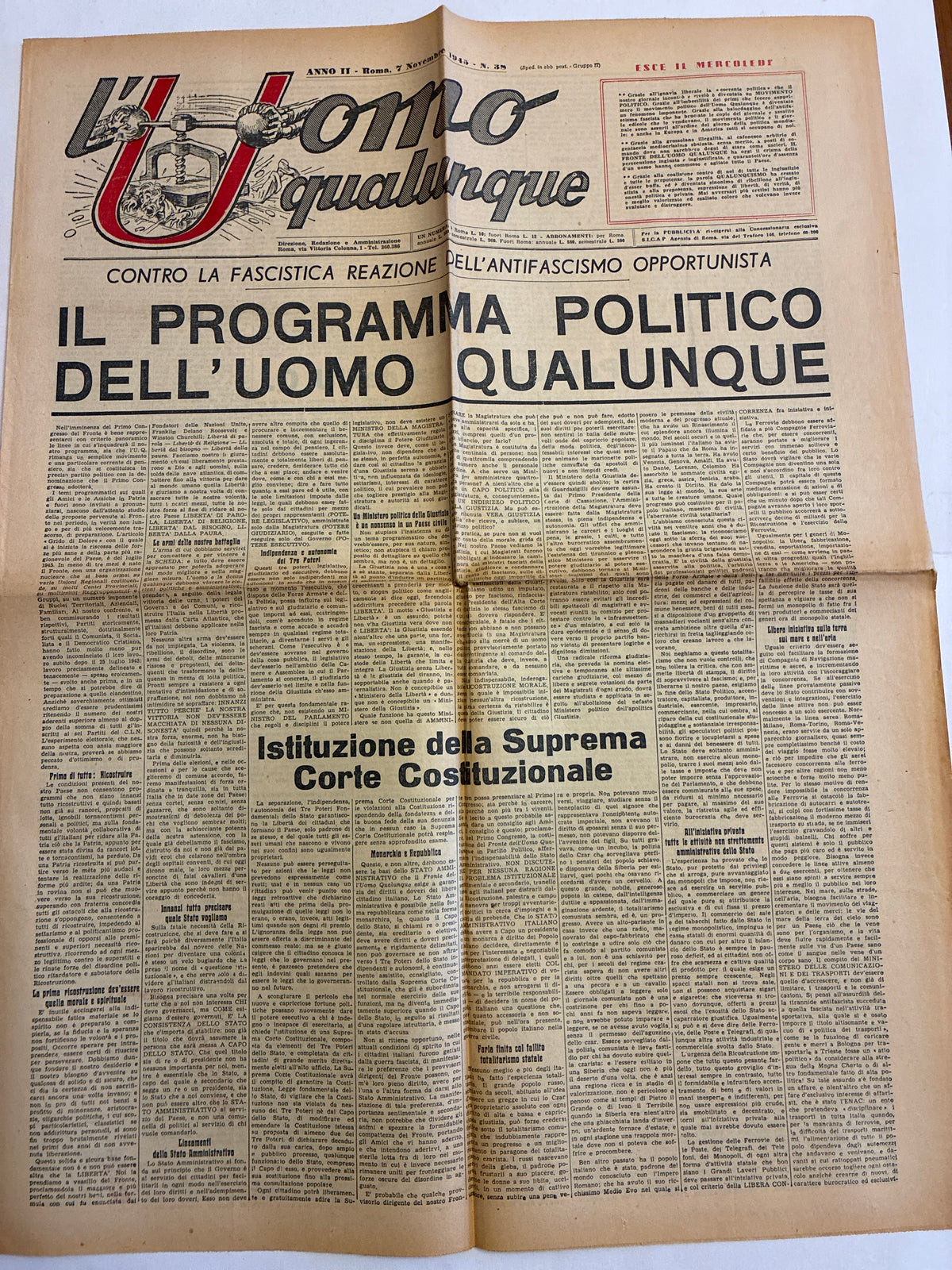 Storico Giornale Originale L'Uomo Qualunque 7 Novembre 1945 - N. 38 Edizione Roma - Il Programma Politicoi