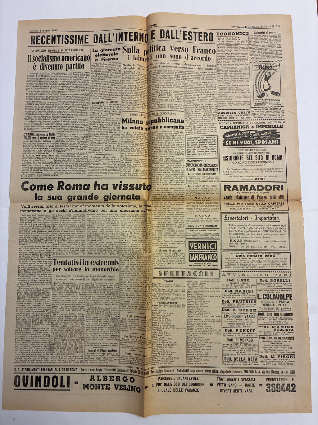 Quotidiano ORIGINALE 4 Giugno 1946 Avanti Vantaggio REPUBBLICA 2 Facciate