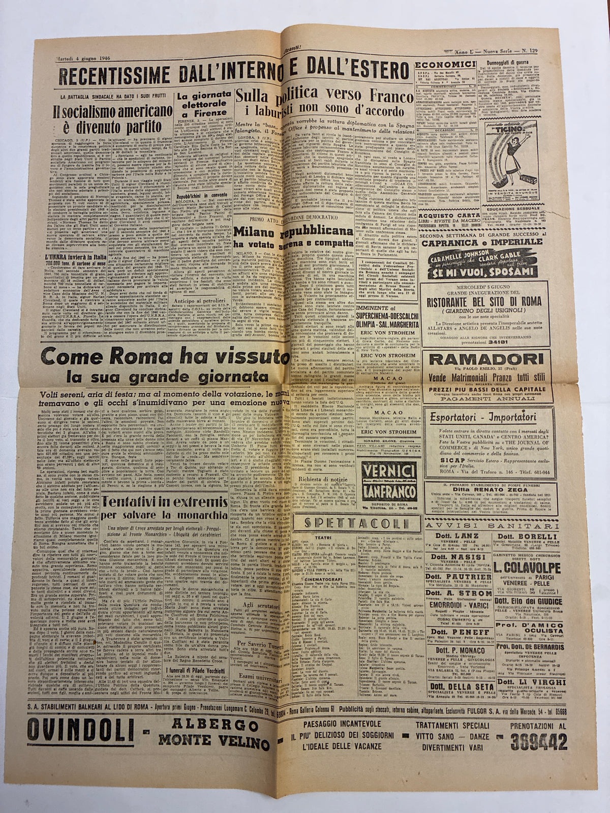 Quotidiano ORIGINALE 4 Giugno 1946 Avanti Vantaggio REPUBBLICA 2 Facciate