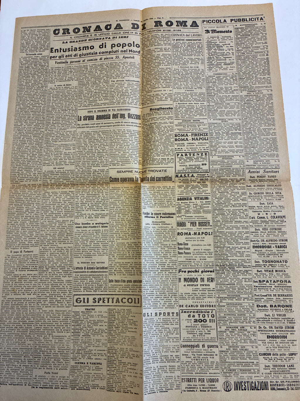Rarissimo Quotidiano Il Momento Originale 30 Aprile 1945 {Primo Racconto Morte Mussolini E Giallo Hitler}