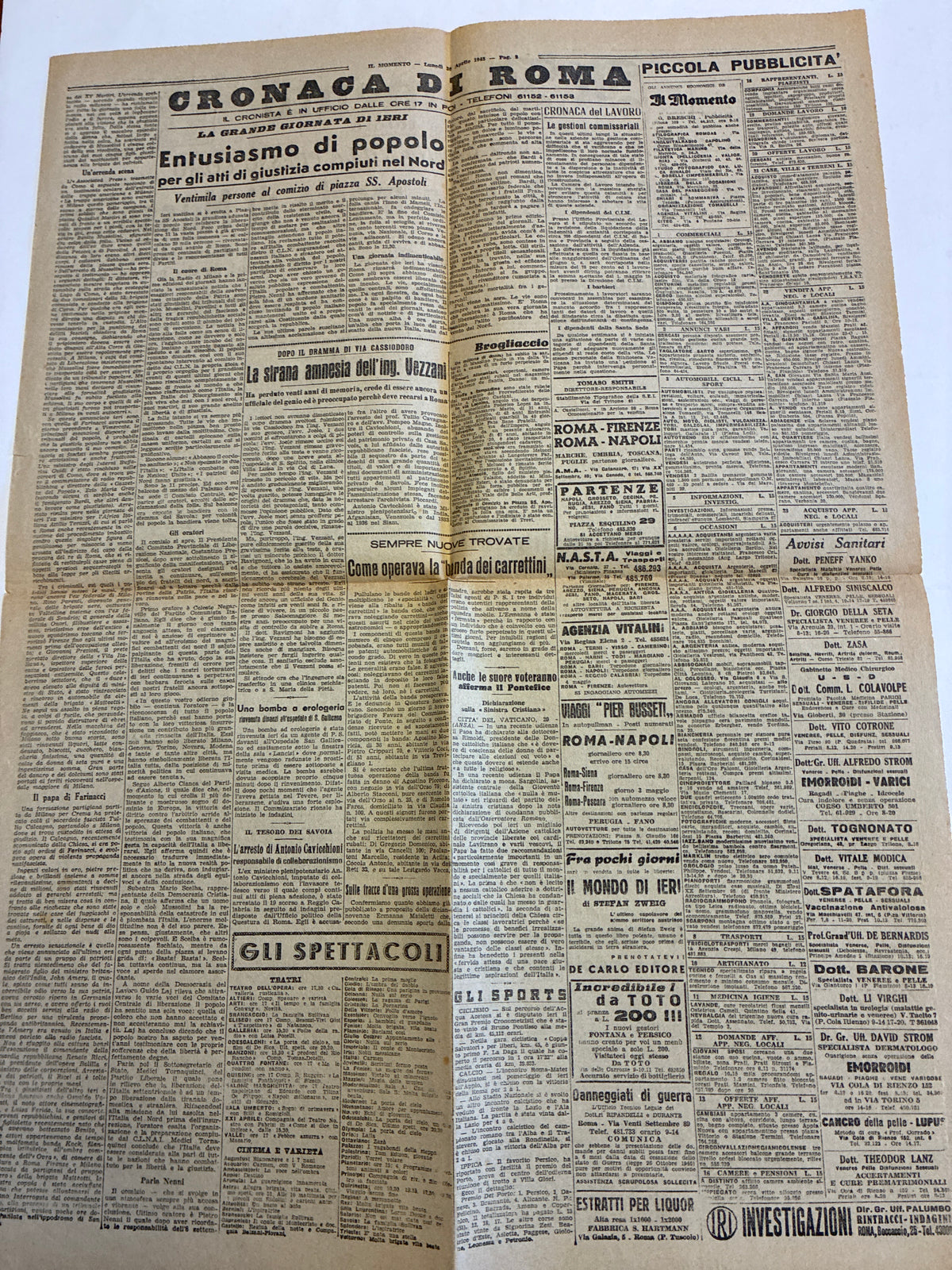 Rarissimo Quotidiano Il Momento Originale 30 Aprile 1945 {Primo Racconto Morte Mussolini E Giallo Hitler}