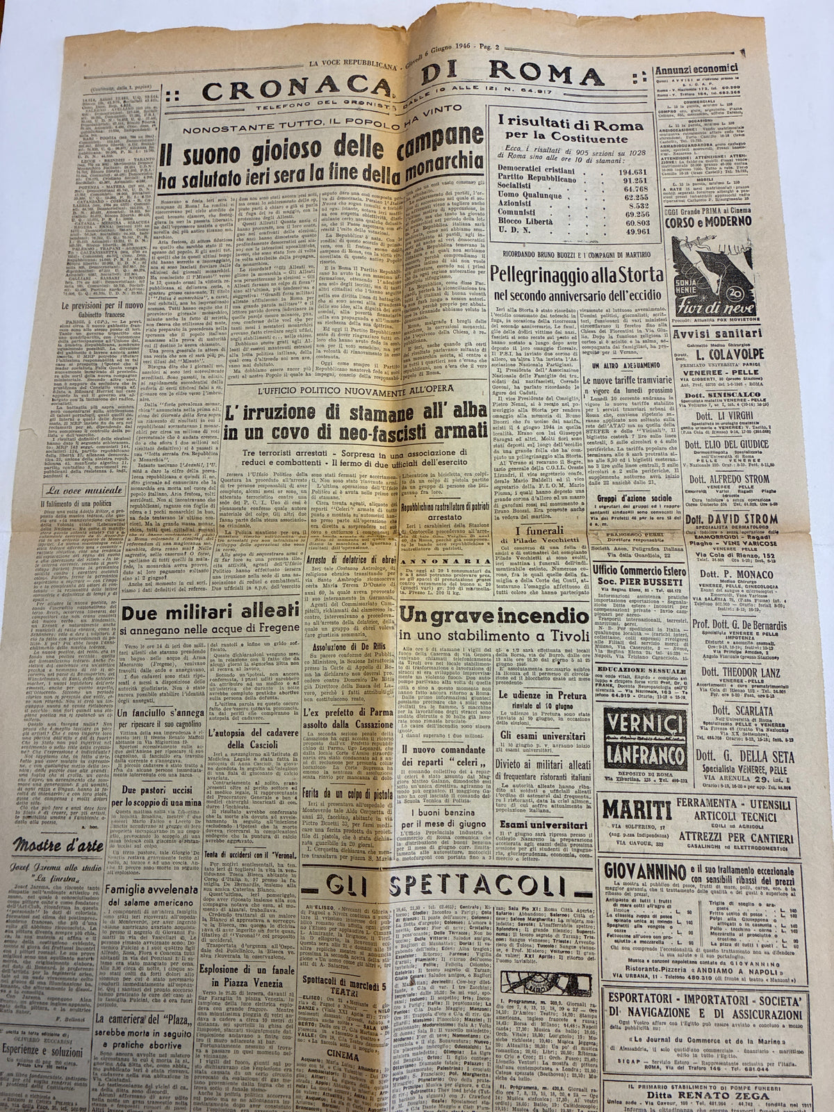 GIORNALE ORIGINALE ULTIMA EDIZIONE 6 Giugno 1946 La Voce Repubblicana - LA REPUBBLICA E' NATA Rarità Museale