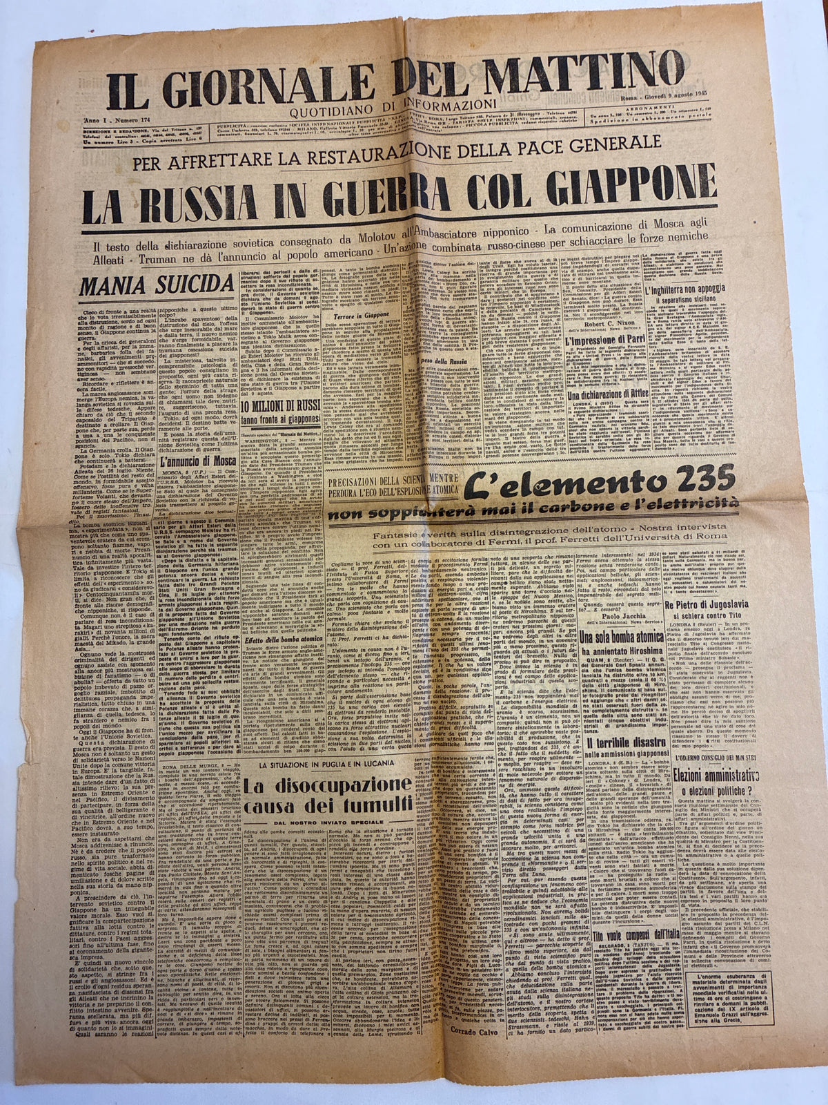 Rarissimo Quotidiano Il Giornale Del Mattino 9 Agosto 1945 {Bomba Atomica Hiroshima E Russia Contro Giappone}