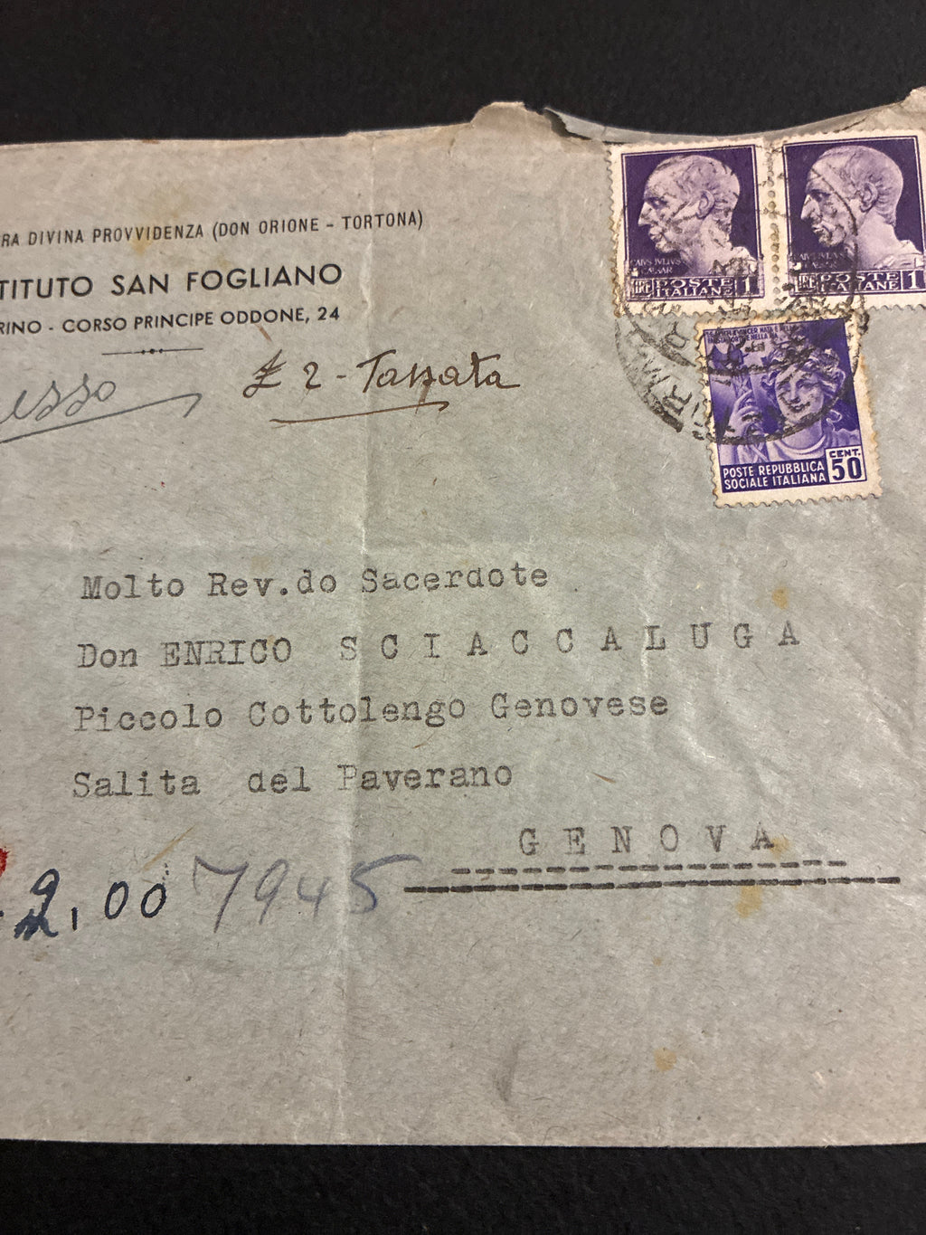 Busta Espresso RSI del marzo 1945 tassata per il doppio della tariffa mancante con francobolli da 1 lira fratelli Bandiera, diretta a Genova al Giusto tra le Nazioni Don Enrico Sciaccaluga