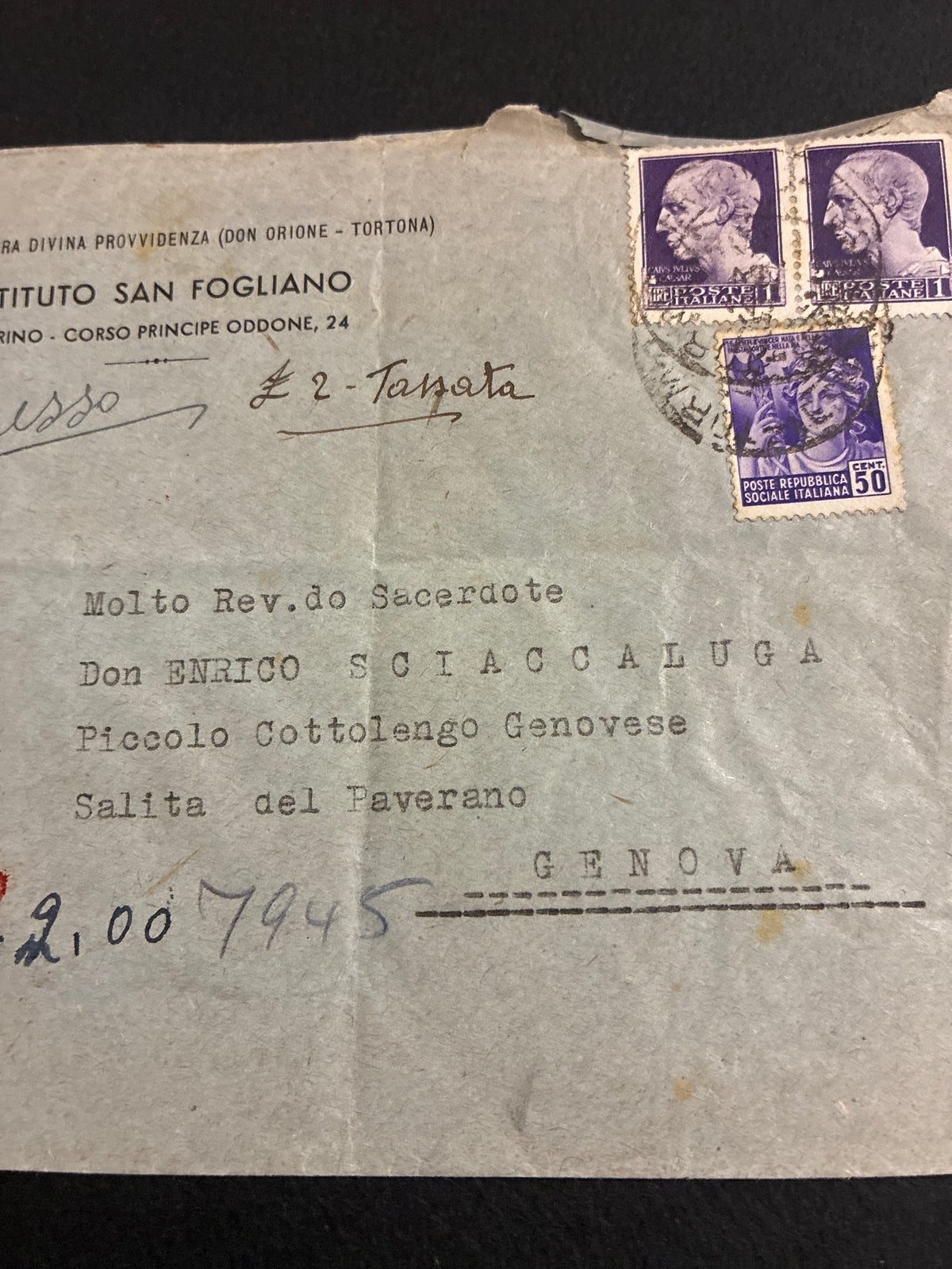 Busta Espresso RSI del marzo 1945 tassata per il doppio della tariffa mancante con francobolli da 1 lira fratelli Bandiera, diretta a Genova al Giusto tra le Nazioni Don Enrico Sciaccaluga