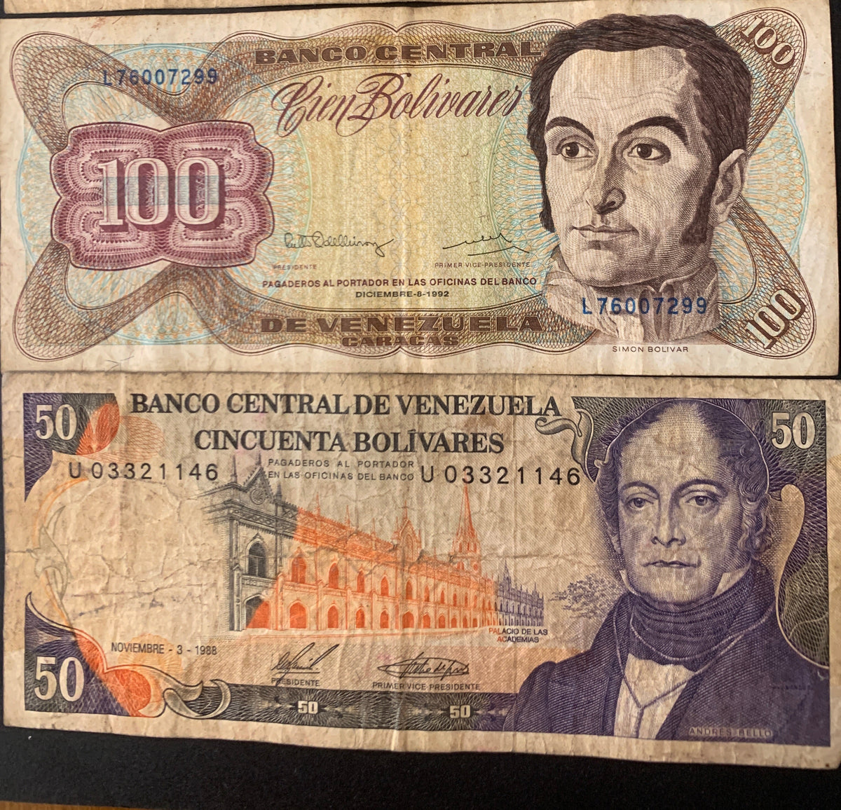 Lotto 5 Banconote Venezuela - 1000, 100 (x3) e 50 Bolívares (1988-1994) - Circolate