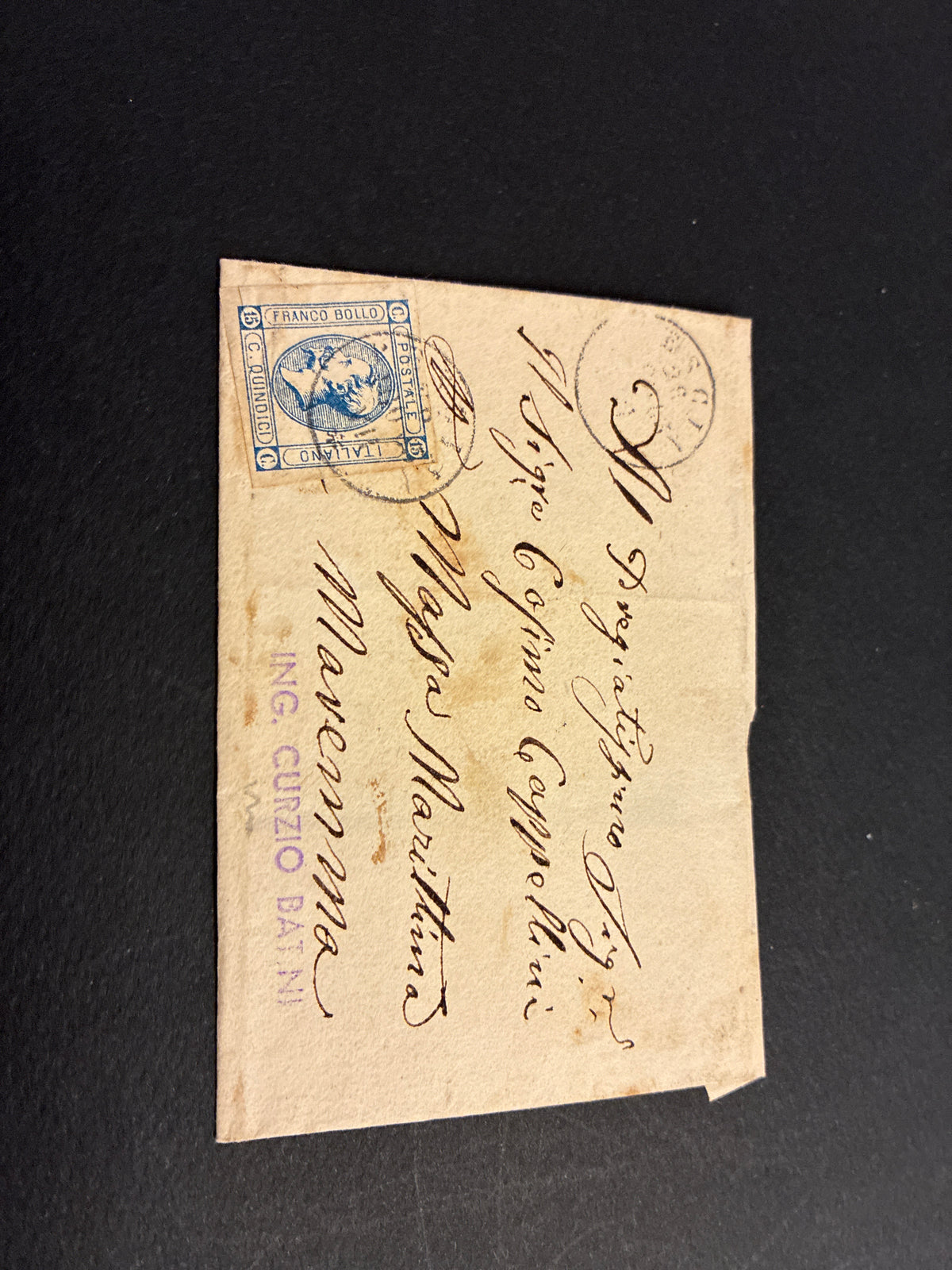 Busta 1863 Regno d'Italia 15 C. Azzurro Litografico Matraire per Massa Marittima con Timbro Ambulante e Lineare Batini