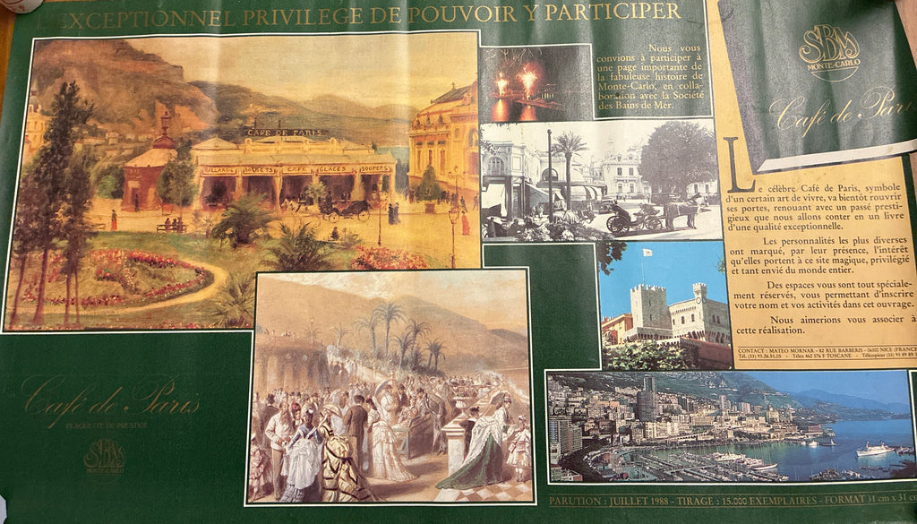 Manifesto Pubblicitario Originale 1988 - Café de Paris Monte-Carlo SBM - Raro