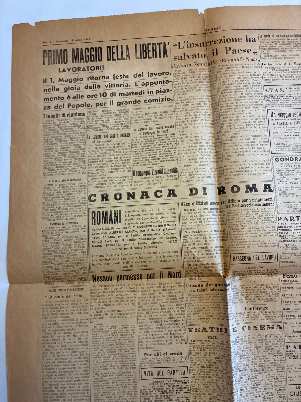 Storico Quotidiano Originale L'Avanti! 29 Aprile 1945 - Seconda Edizione Roma - Fucilazione Mussolini e Gerarchi